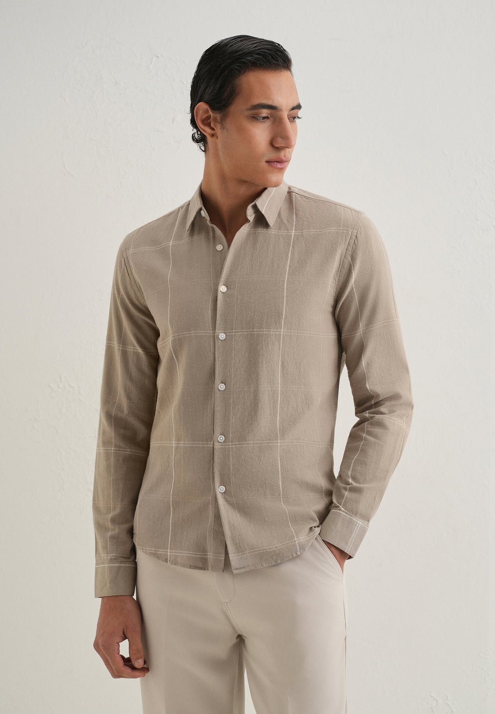Tan Blended Linen Check Shirt
