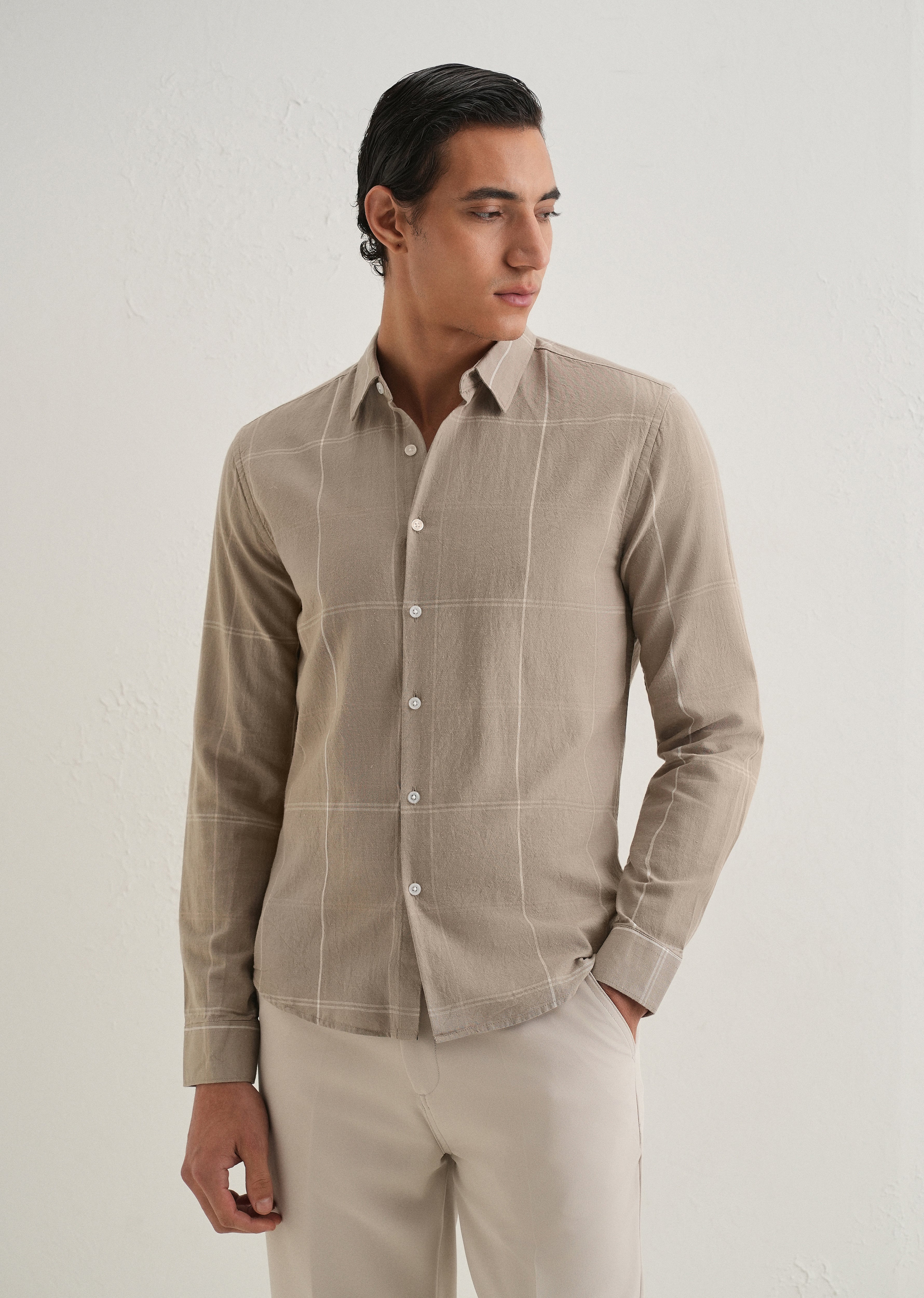 Tan Blended Linen Check Shirt