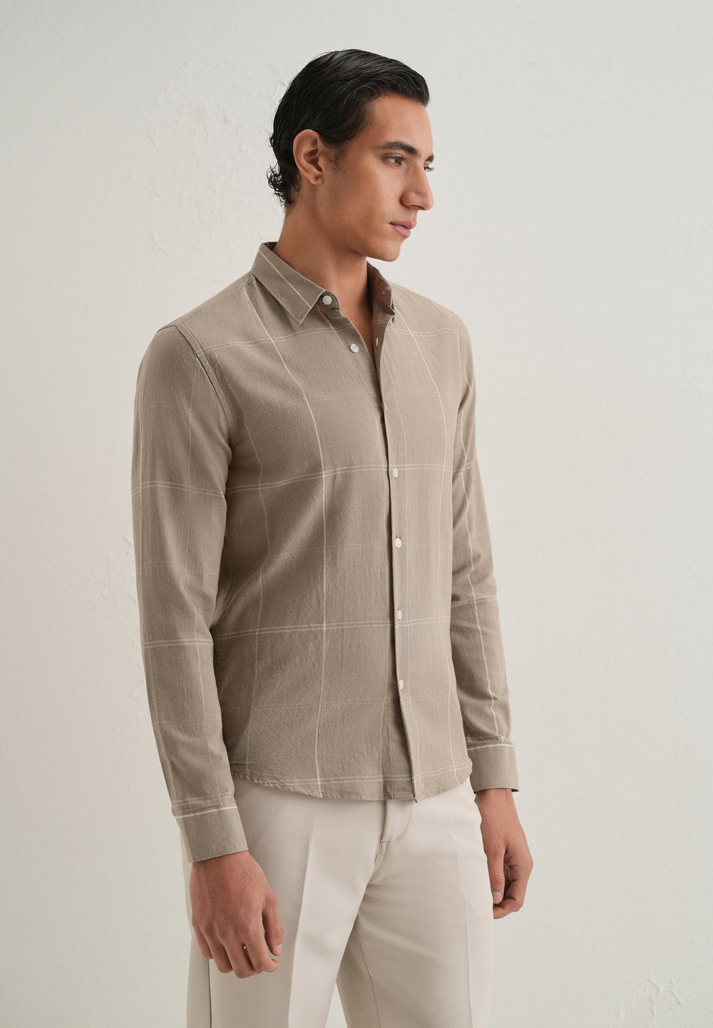 Tan Blended Linen Check Shirt