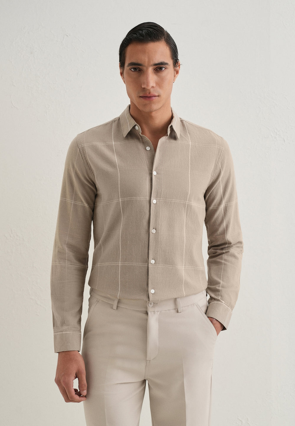 Tan Blended Linen Check Shirt