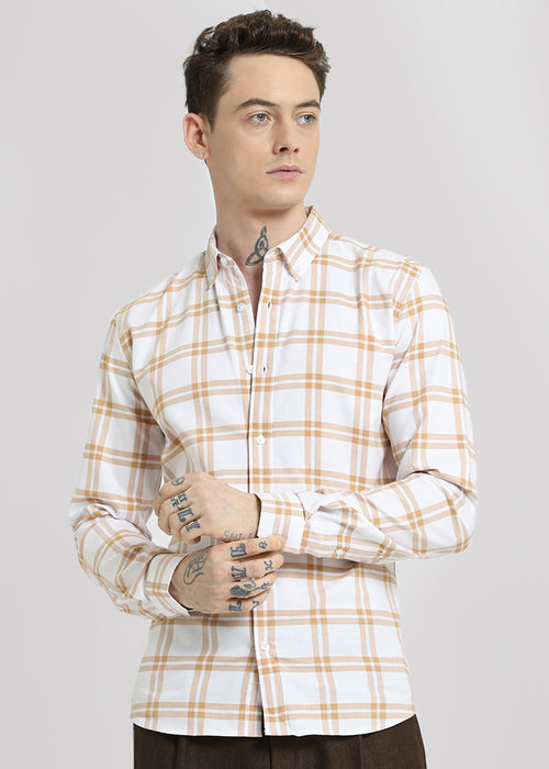 Tan Brown Oxford Cotton Check Shirt