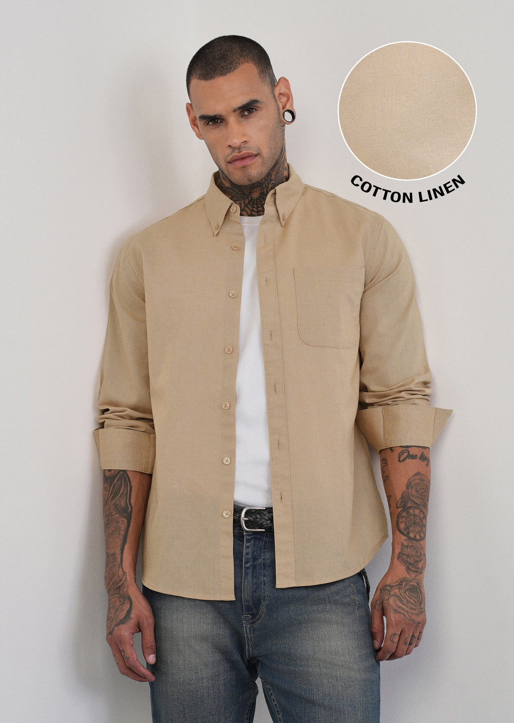 Beige Cotton Linen Plain Shirt