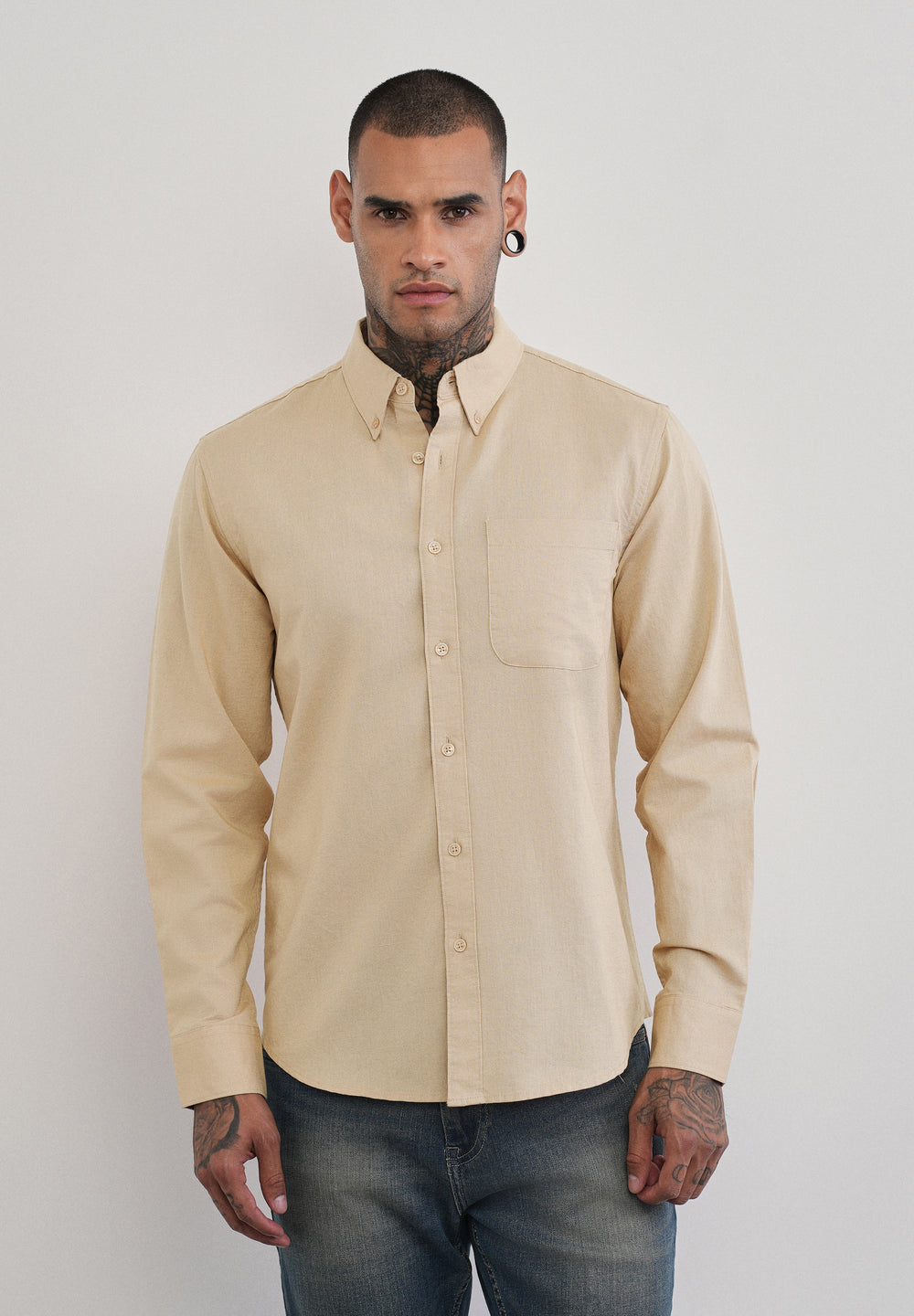 Beige Cotton Linen Plain Shirt