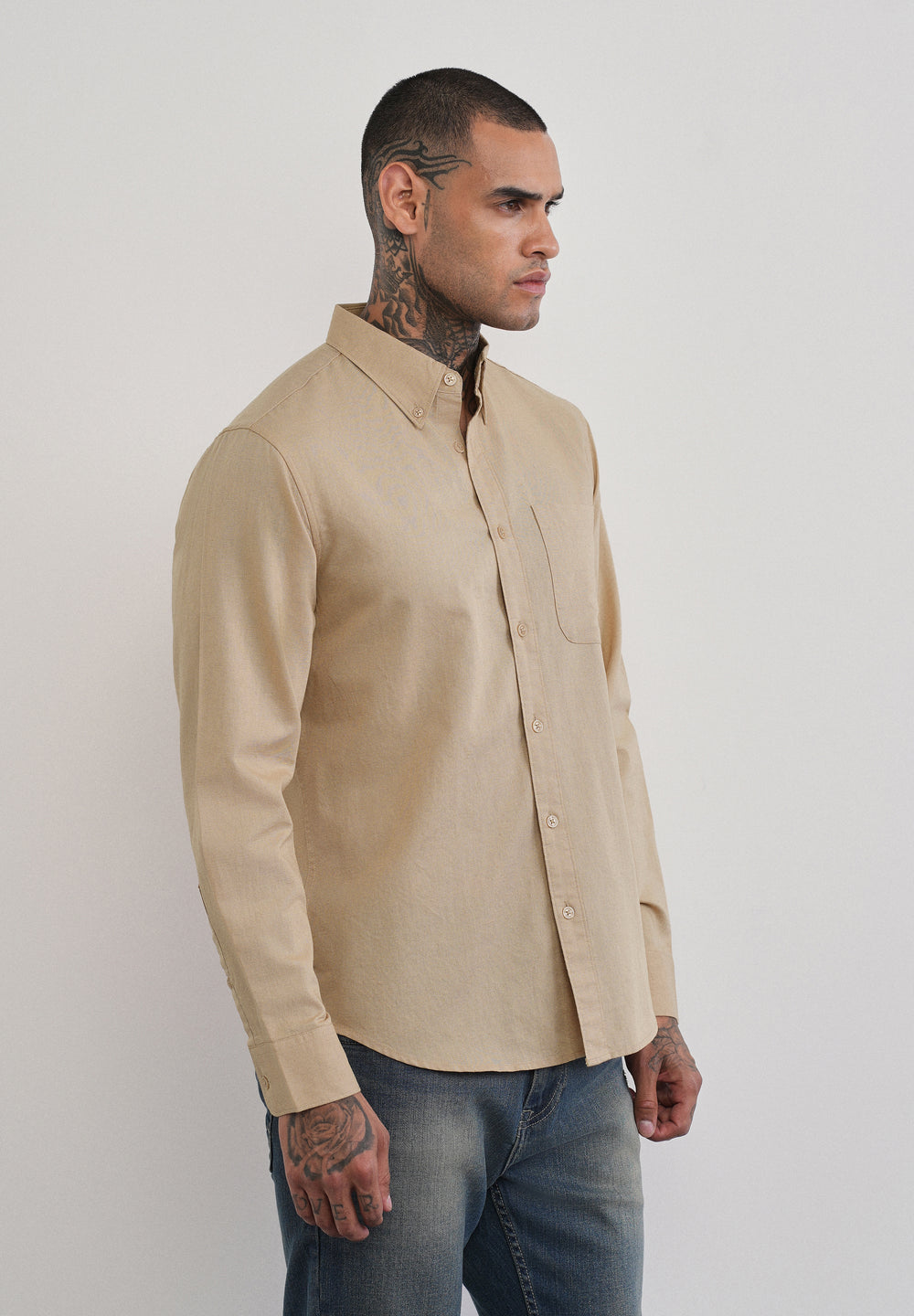 Beige Cotton Linen Plain Shirt