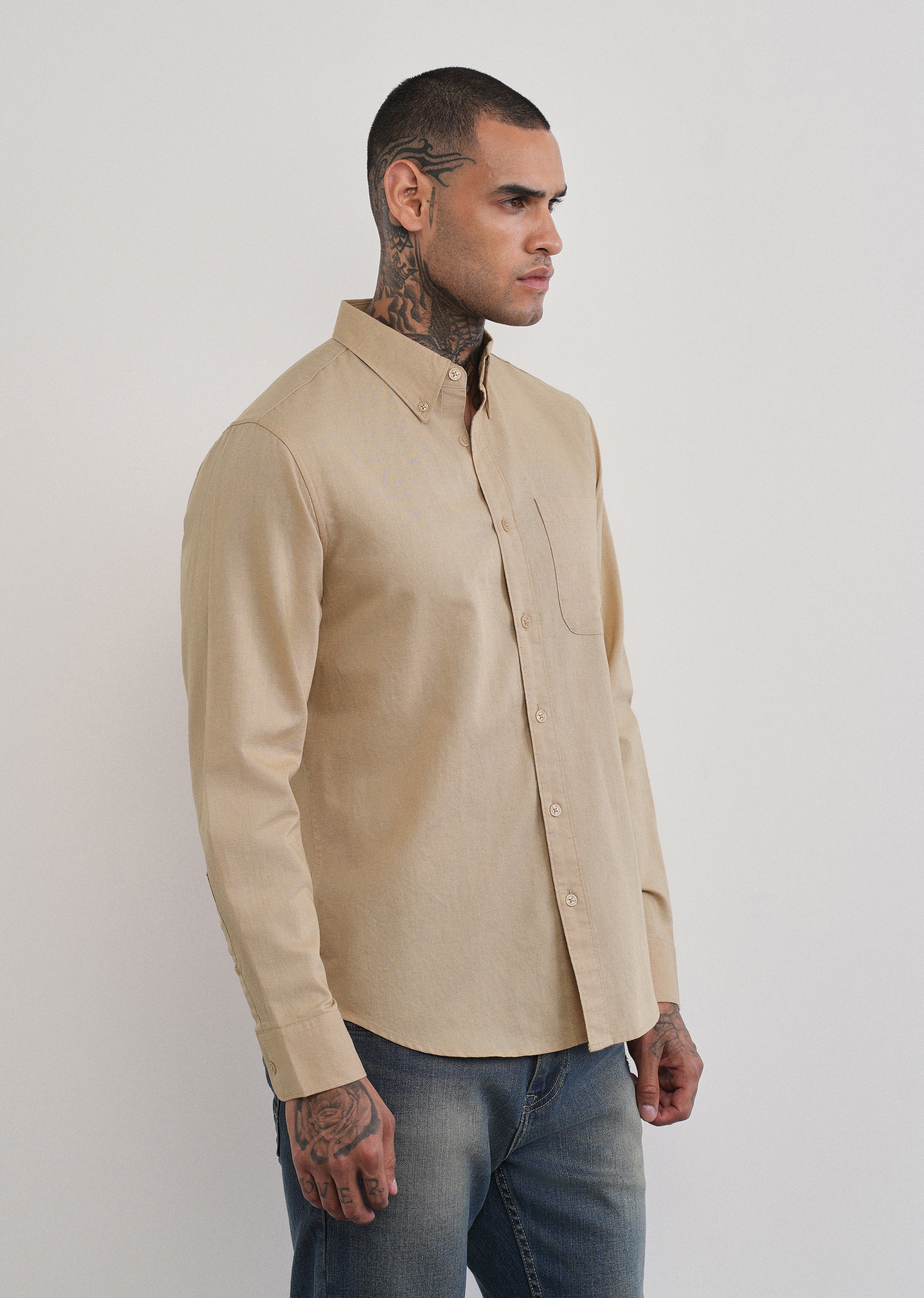 Beige Cotton Linen Plain Shirt