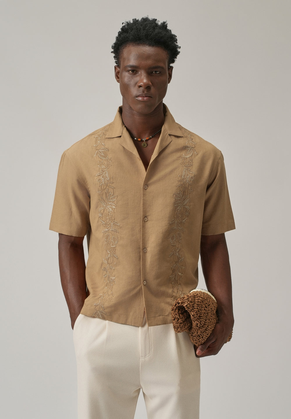 Tan Embroidery Linen Shirt