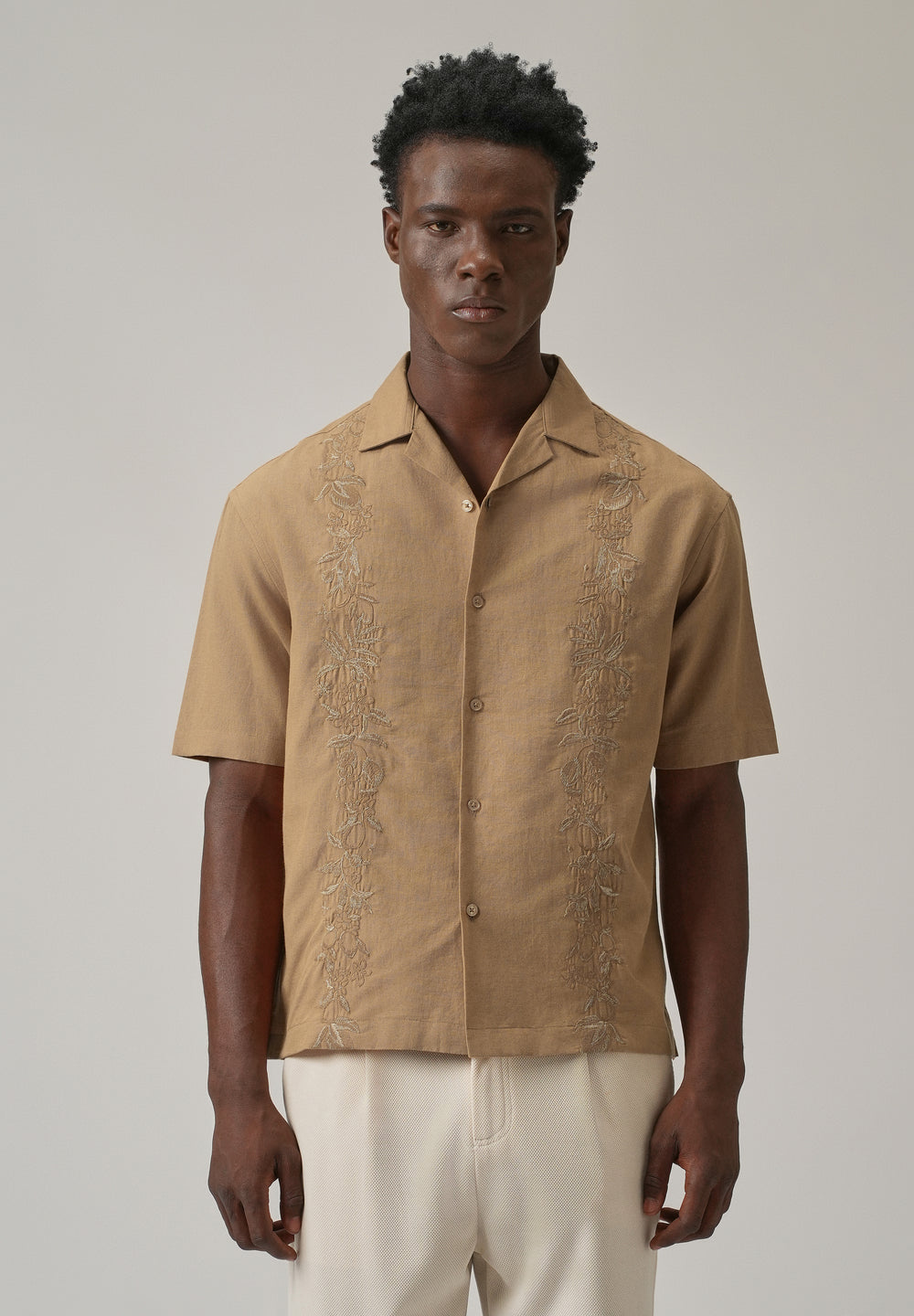 Tan Embroidery Linen Shirt