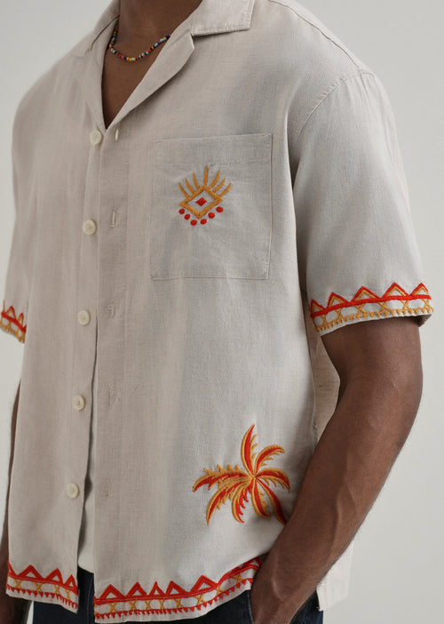 Tan Embroidery Cuban Collar Shirt