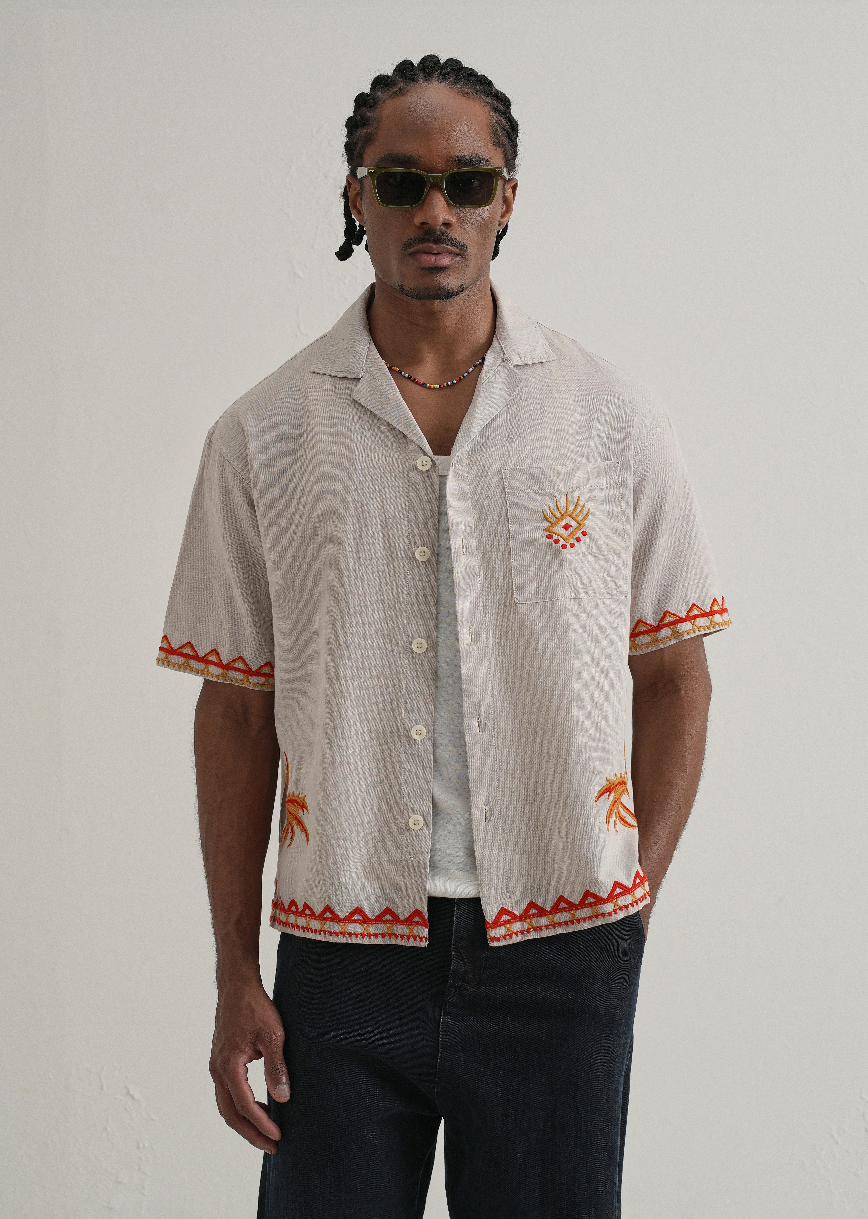 Tan Embroidery Cuban Collar Shirt