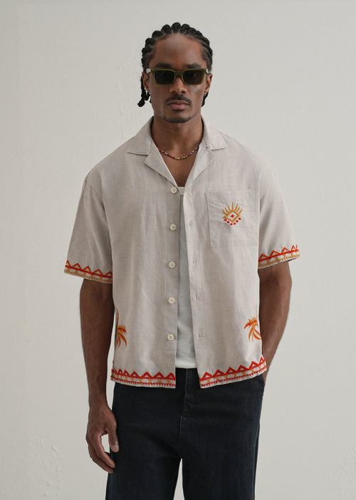 Tan Embroidery Cuban Collar Shirt