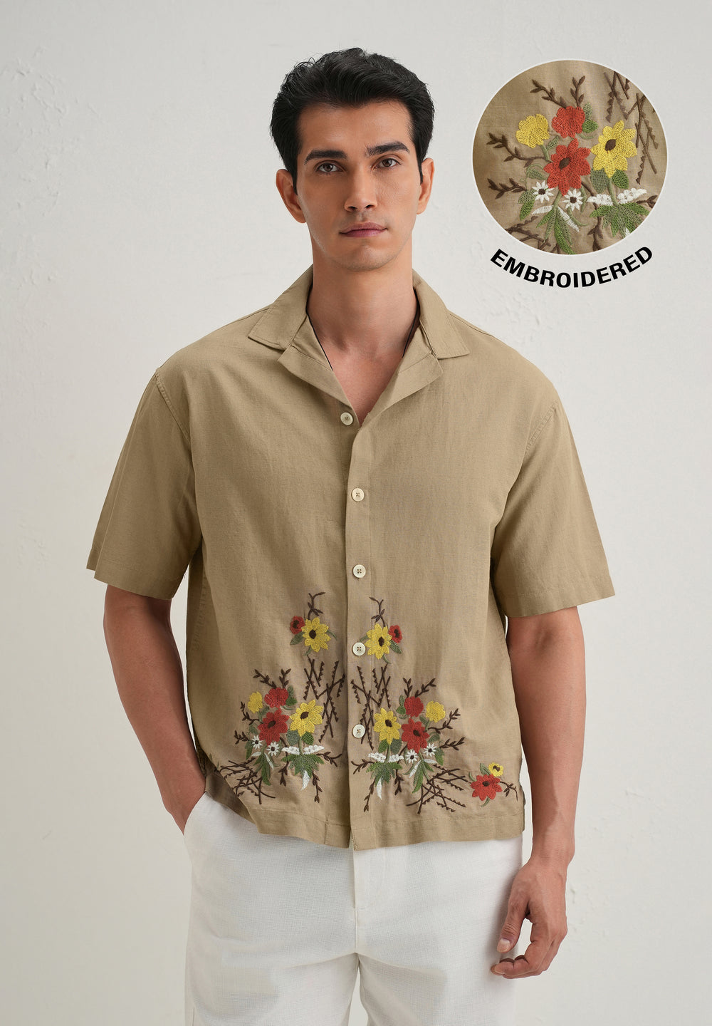 Tan Floral Embroidery Cotton Linen Shirt