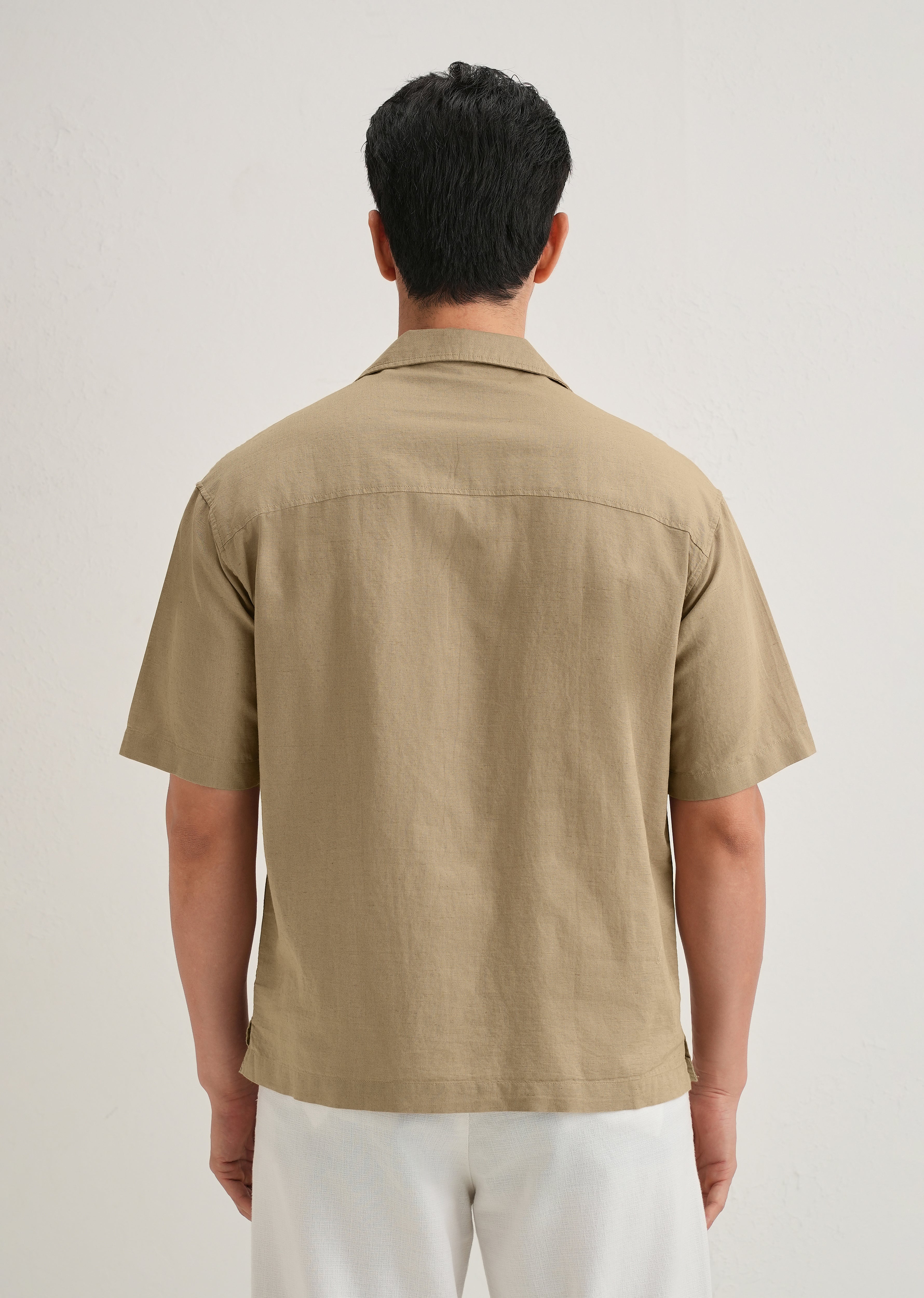 Tan Floral Embroidery Cotton Linen Shirt
