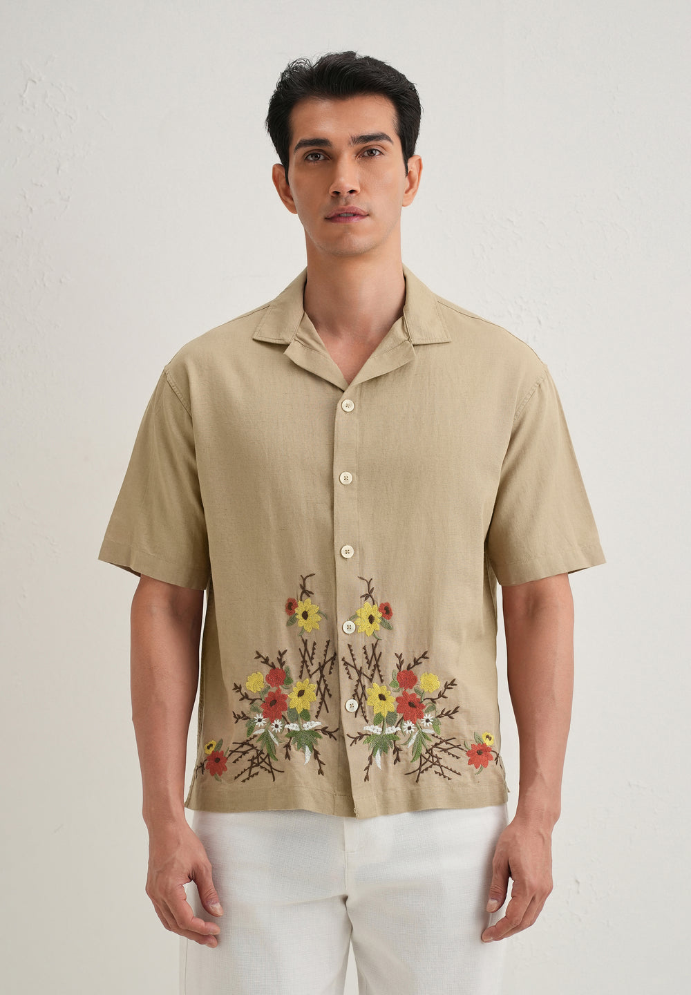 Tan Floral Embroidery Cotton Linen Shirt