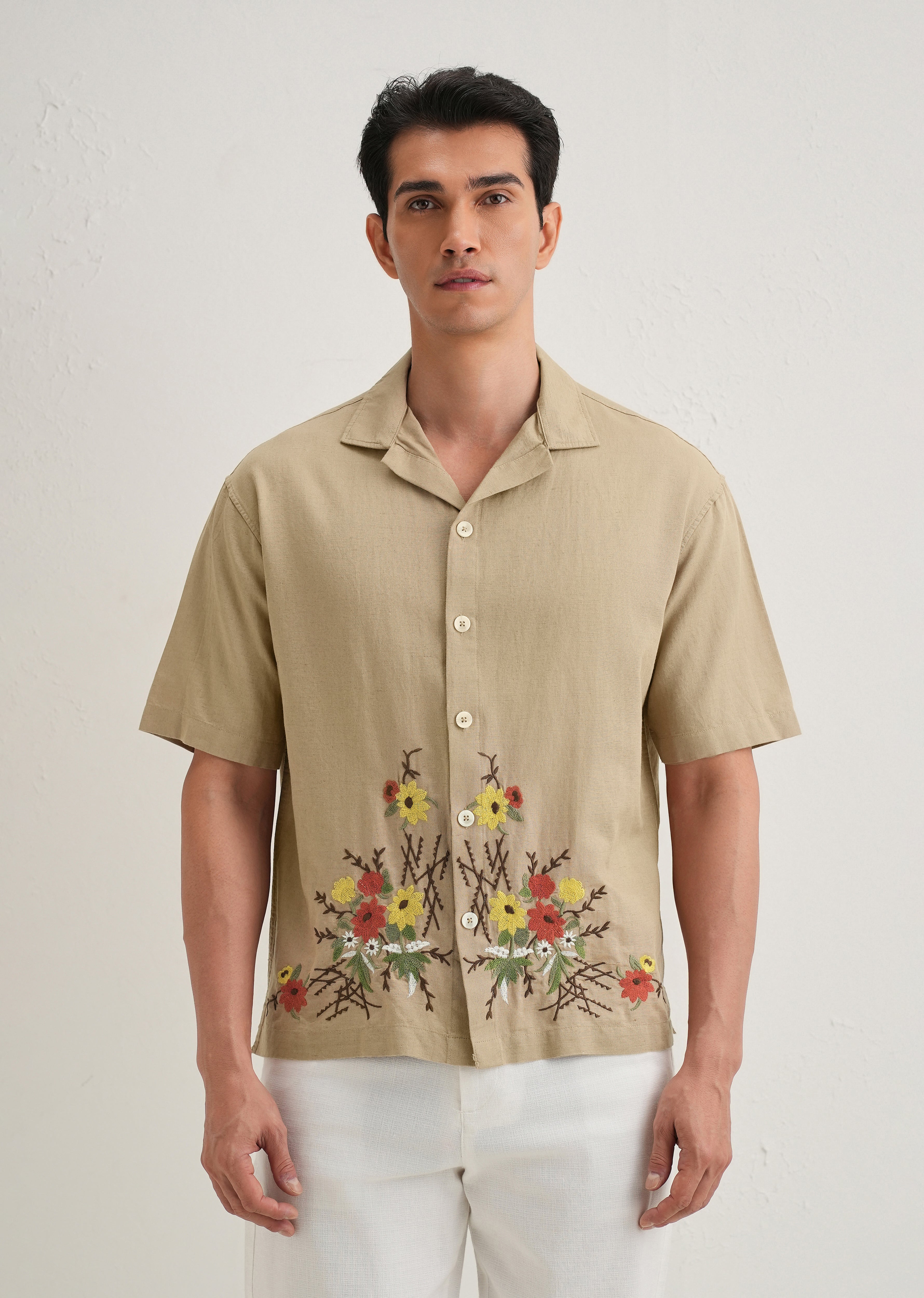 Tan Floral Embroidery Cotton Linen Shirt