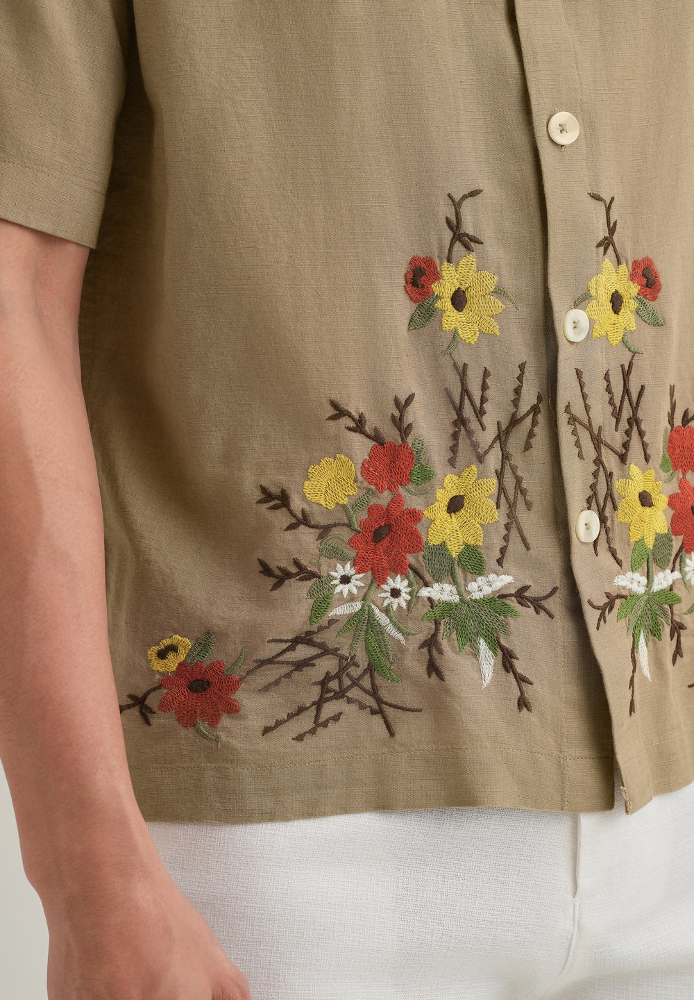 Tan Floral Embroidery Cotton Linen Shirt