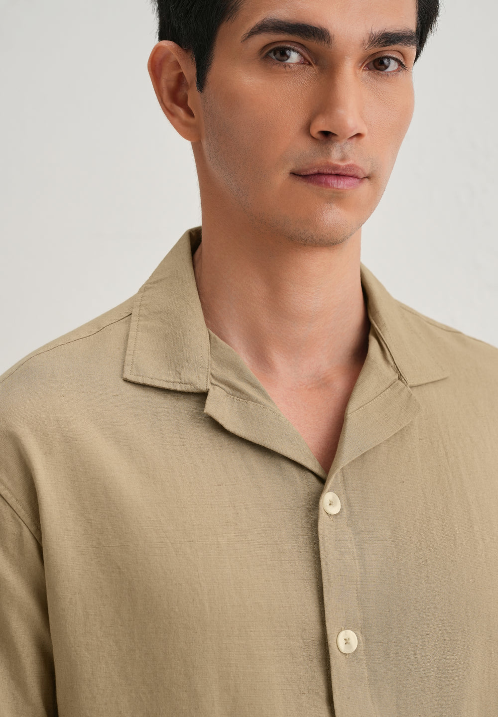 Tan Floral Embroidery Cotton Linen Shirt