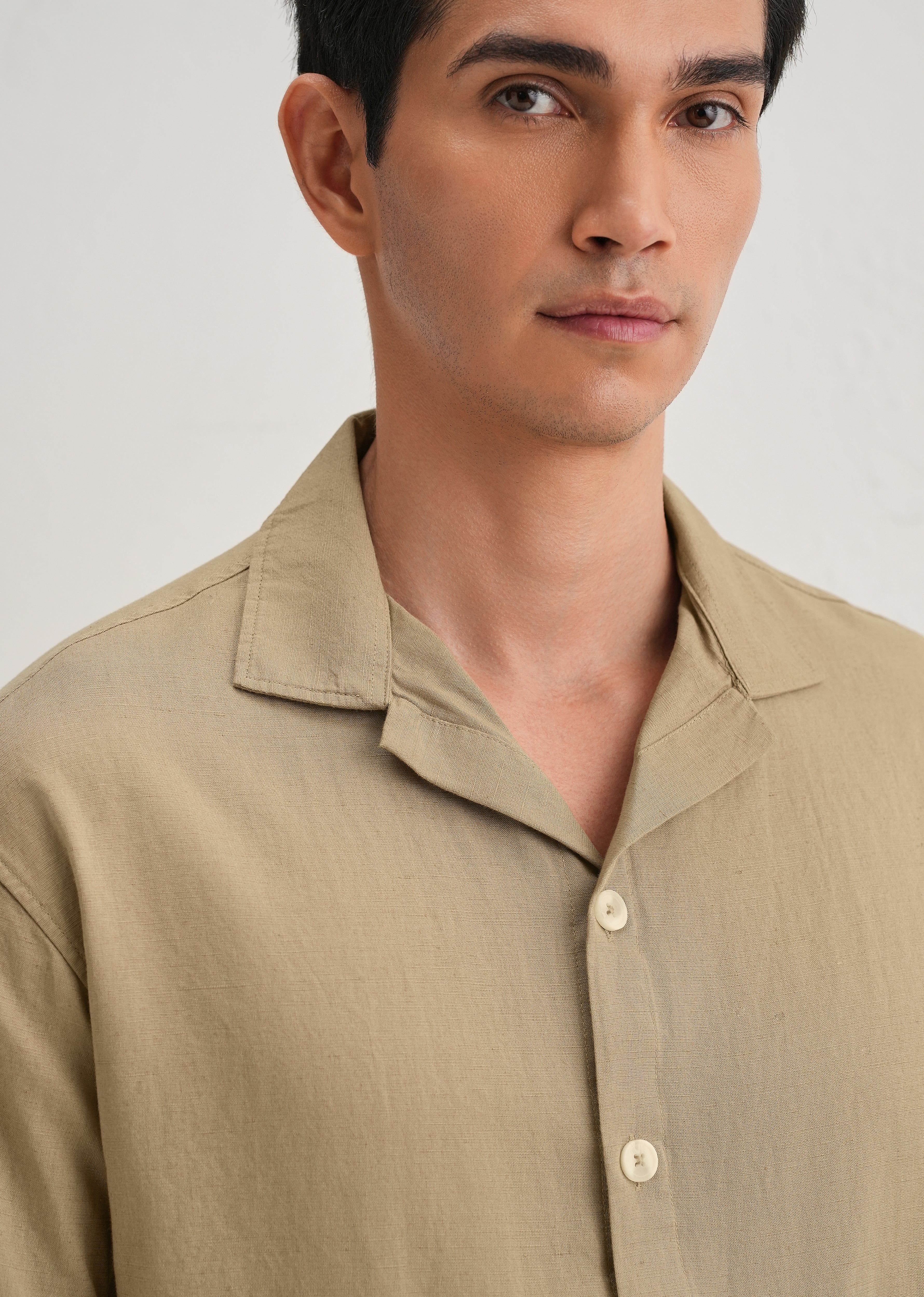 Tan Floral Embroidery Cotton Linen Shirt
