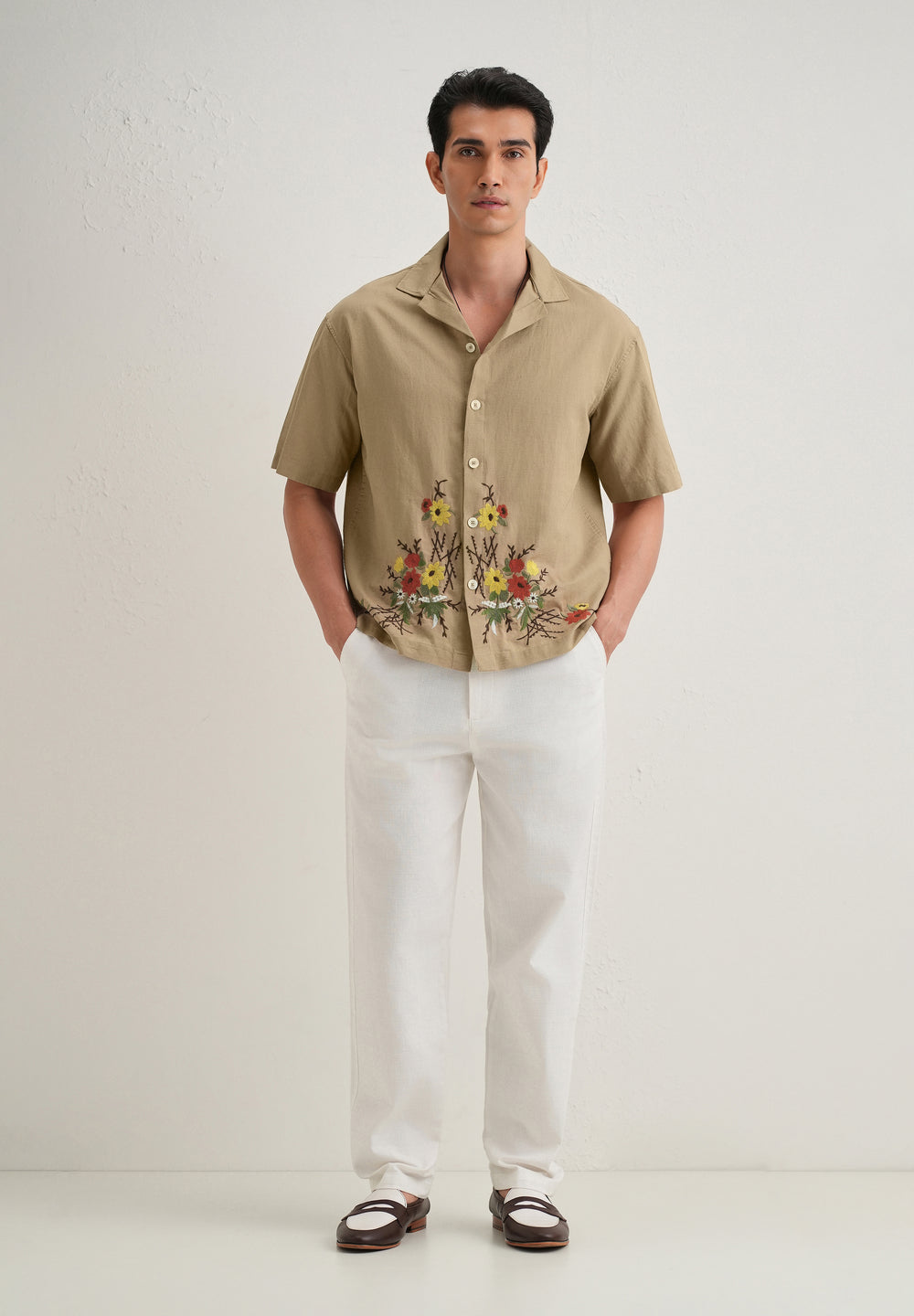 Tan Floral Embroidery Cotton Linen Shirt