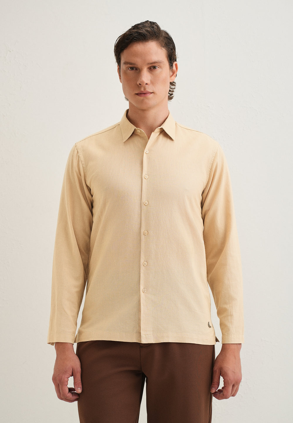 Tan Hidden Sleeve Placket Cotton Linen Shirt