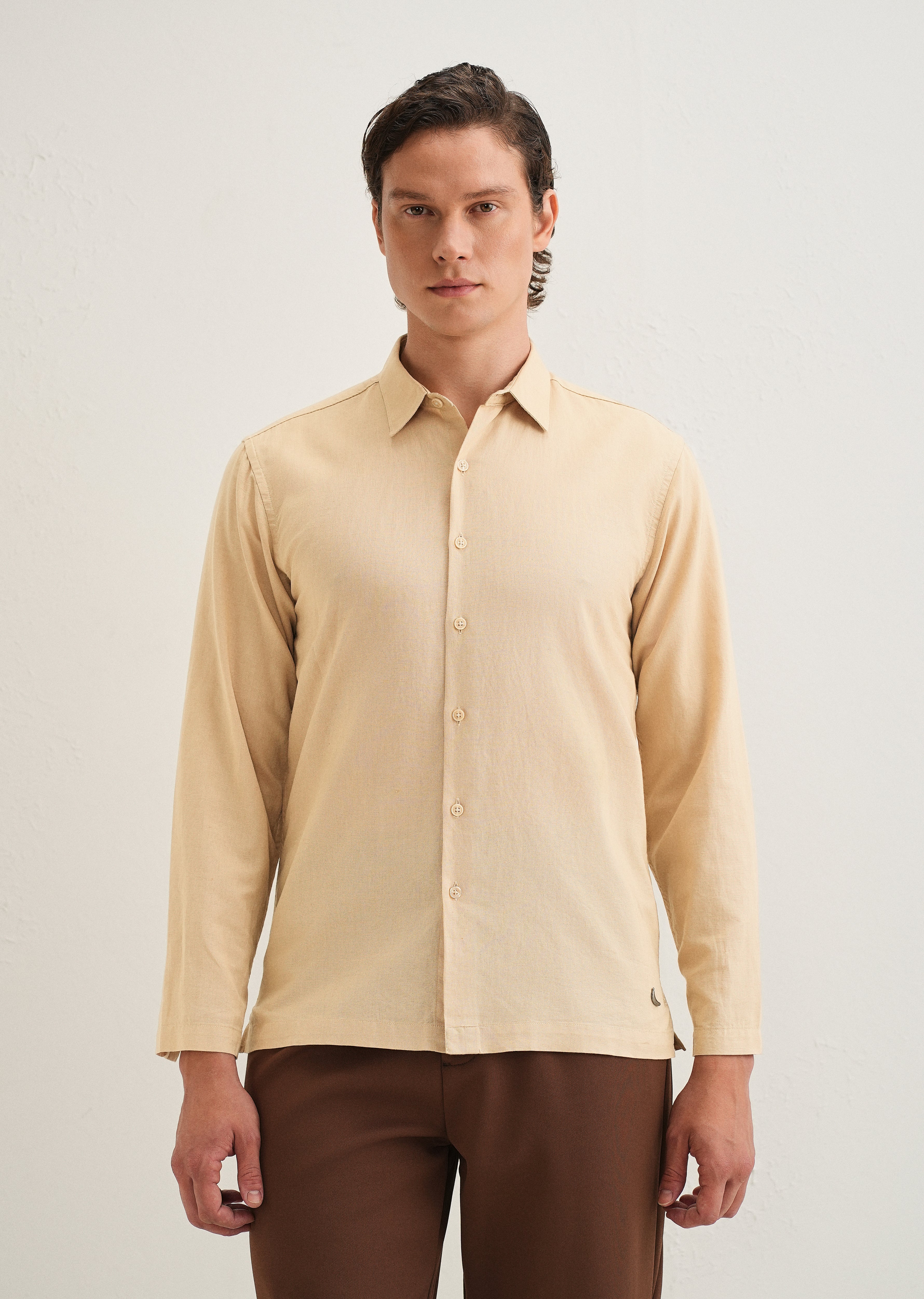Tan Hidden Sleeve Placket Cotton Linen Shirt