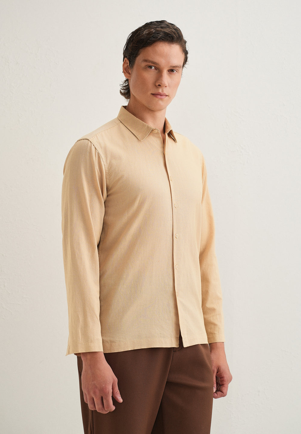 Tan Hidden Sleeve Placket Cotton Linen Shirt