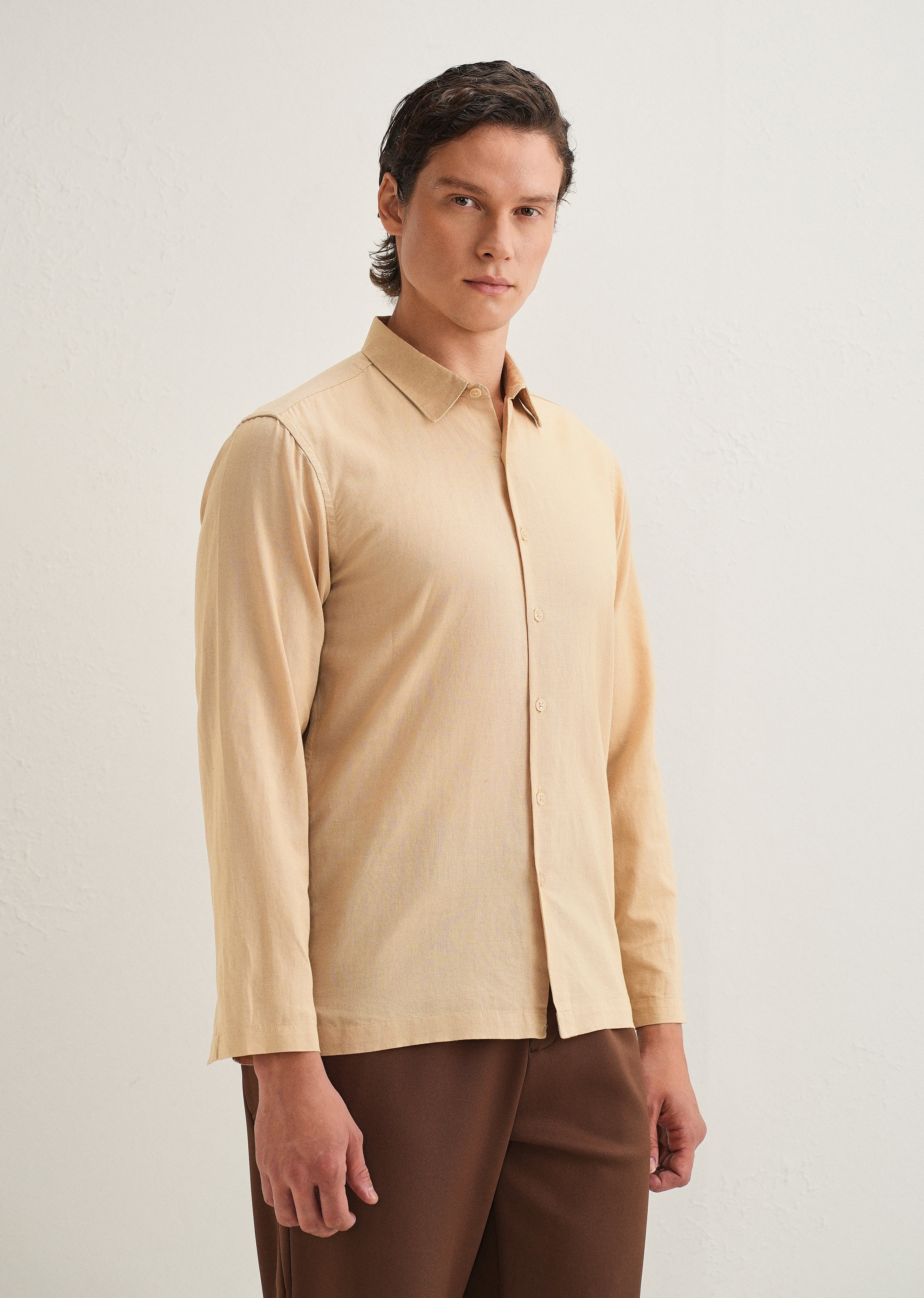 Tan Hidden Sleeve Placket Cotton Linen Shirt