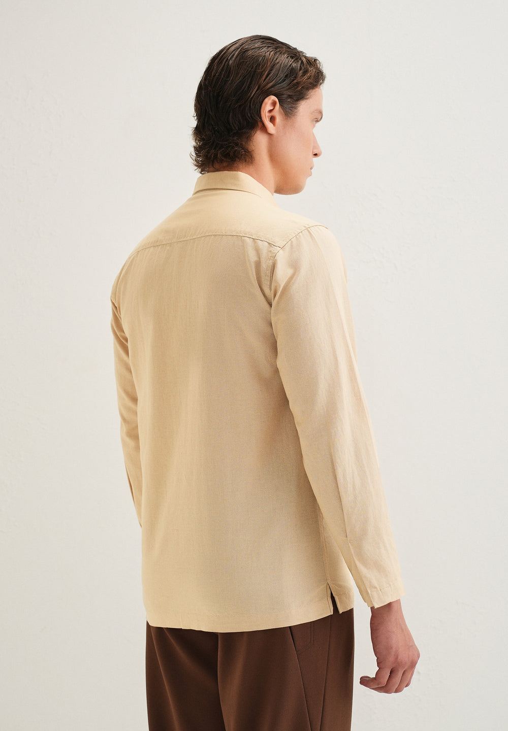 Tan Hidden Sleeve Placket Cotton Linen Shirt