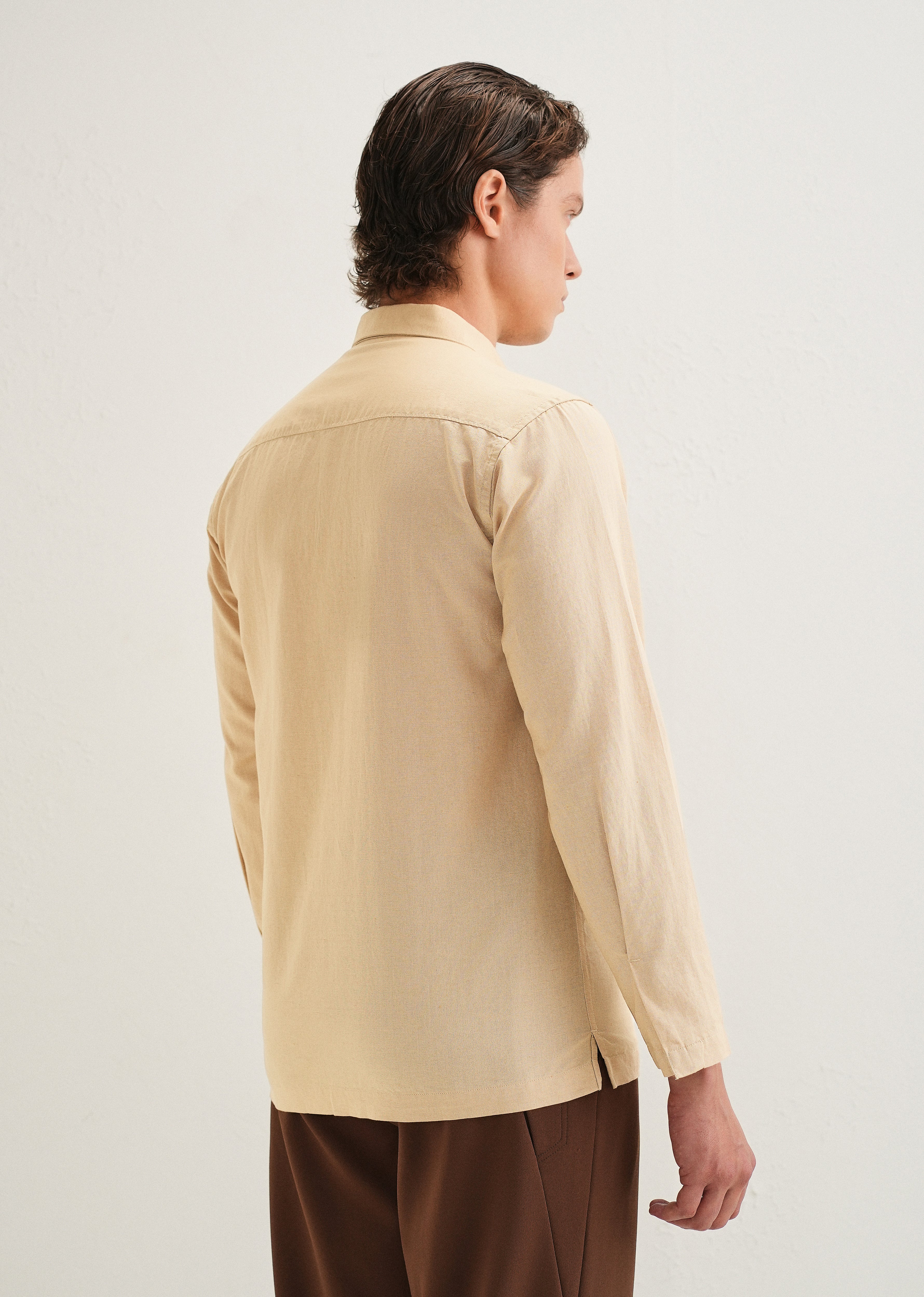 Tan Hidden Sleeve Placket Cotton Linen Shirt