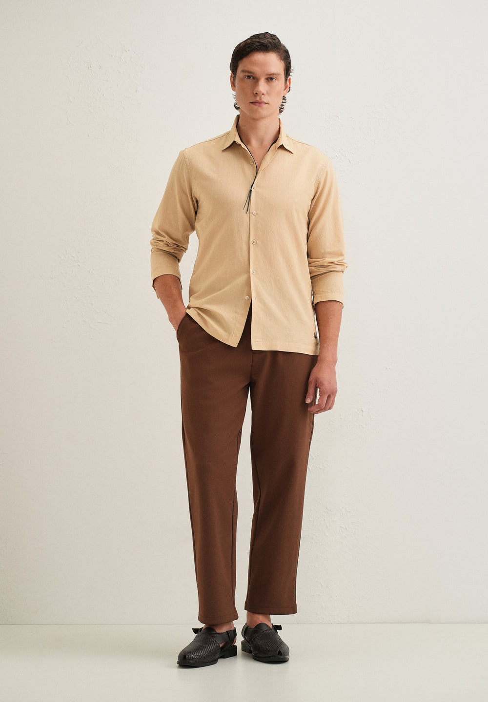 Tan Hidden Sleeve Placket Cotton Linen Shirt