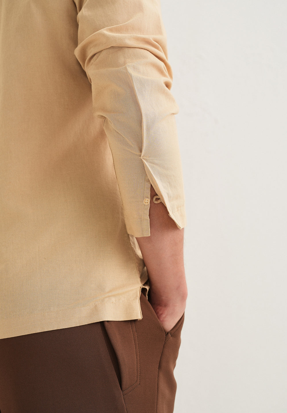 Tan Hidden Sleeve Placket Cotton Linen Shirt