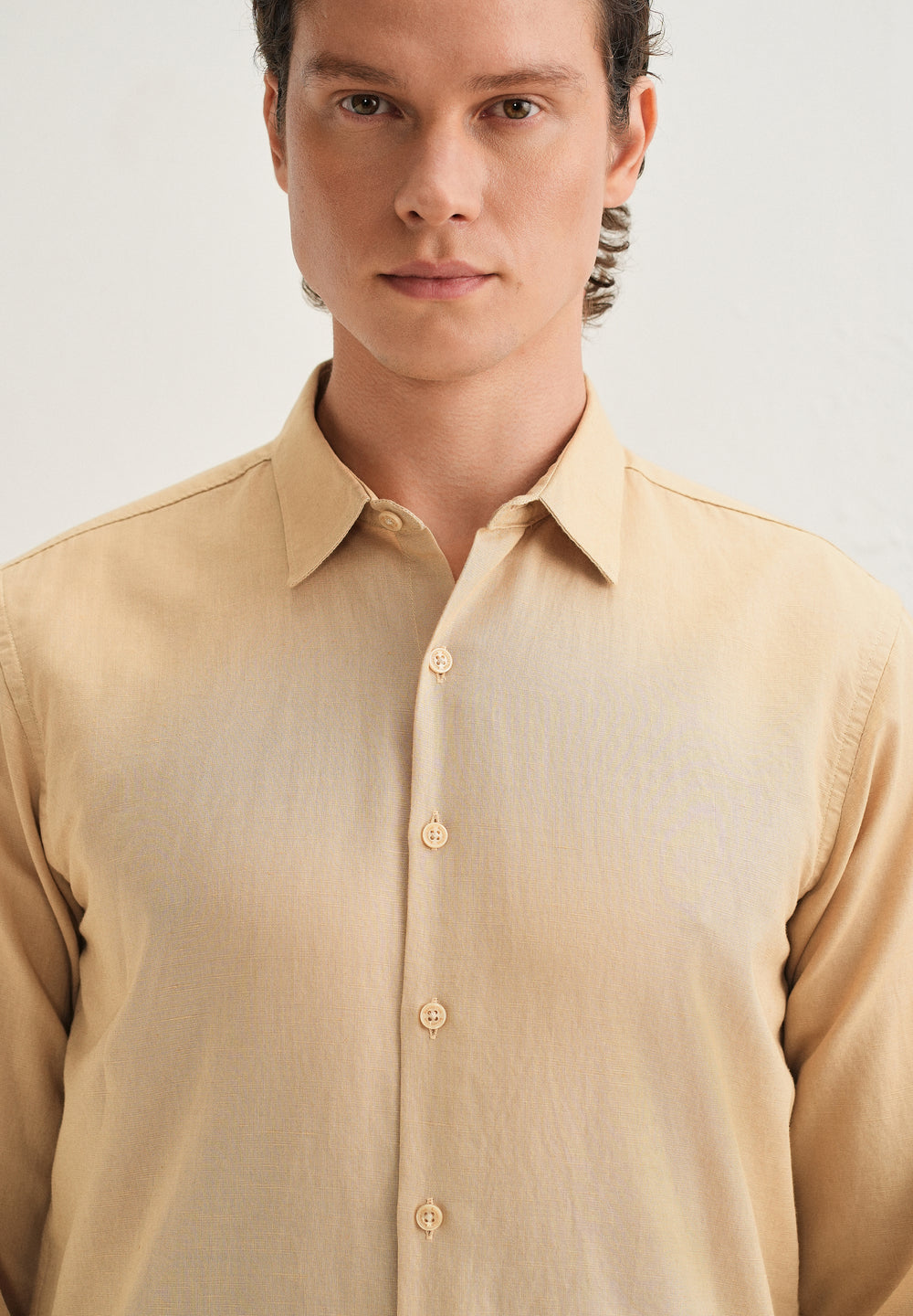 Tan Hidden Sleeve Placket Cotton Linen Shirt