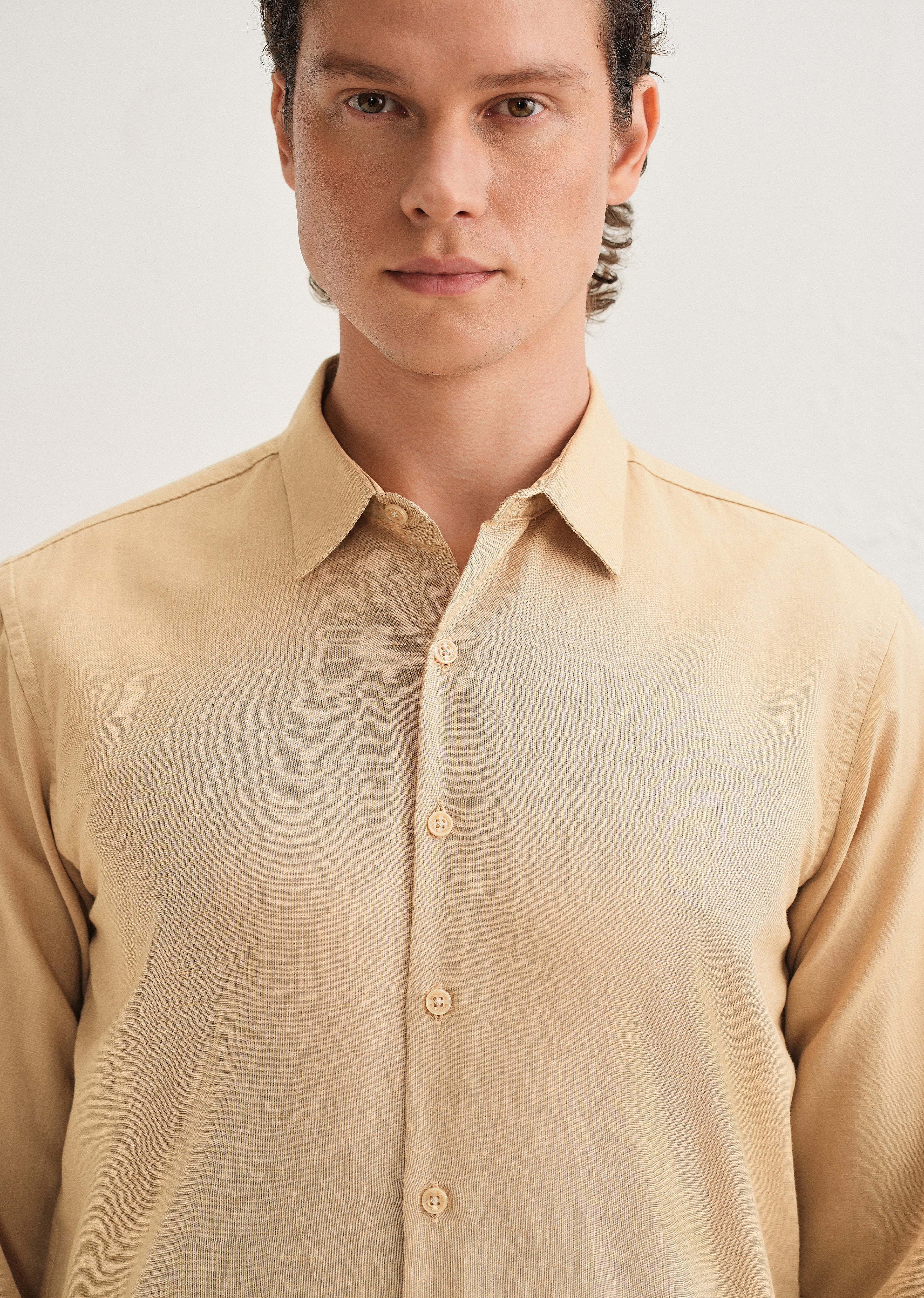 Tan Hidden Sleeve Placket Cotton Linen Shirt