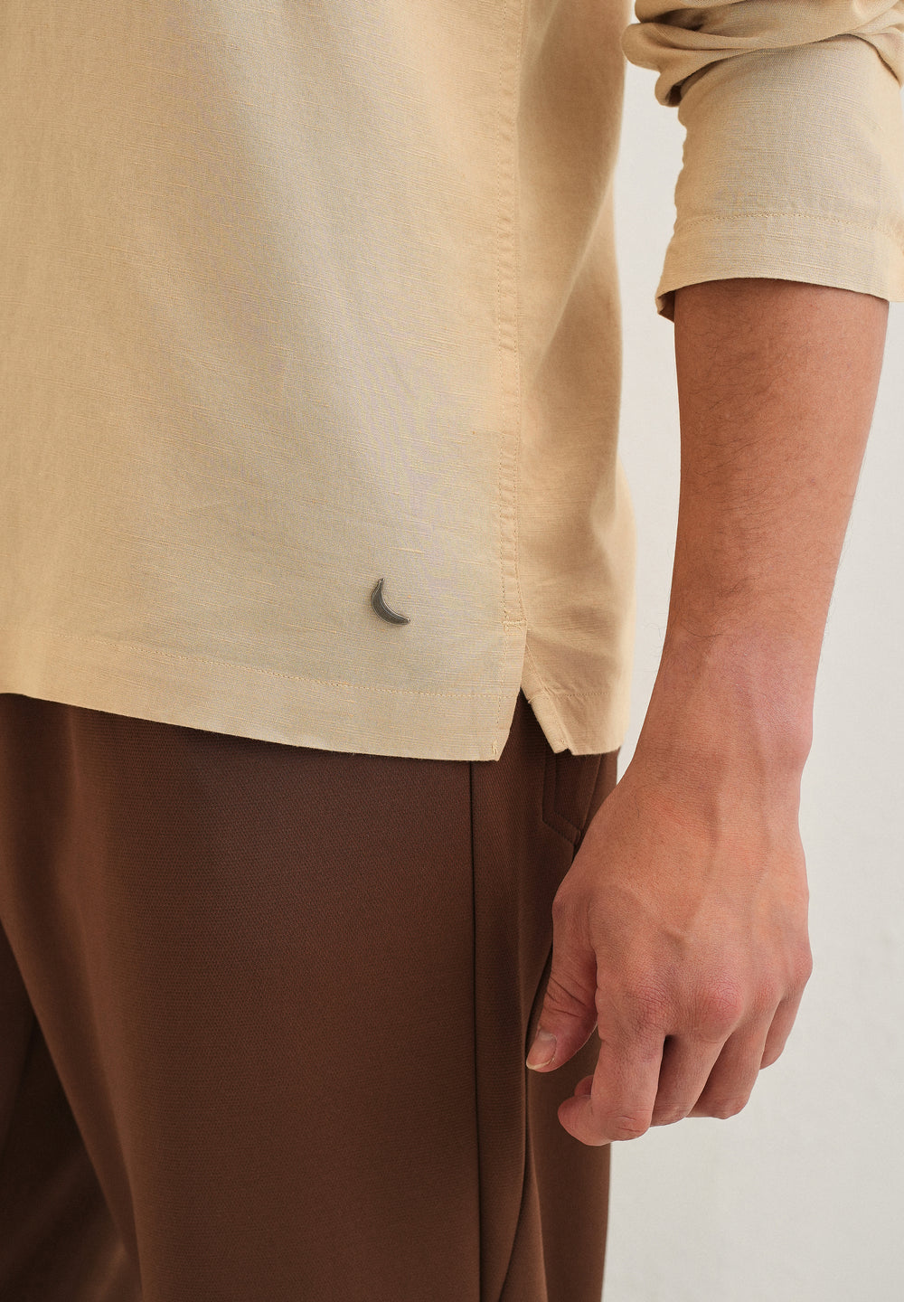 Tan Hidden Sleeve Placket Cotton Linen Shirt