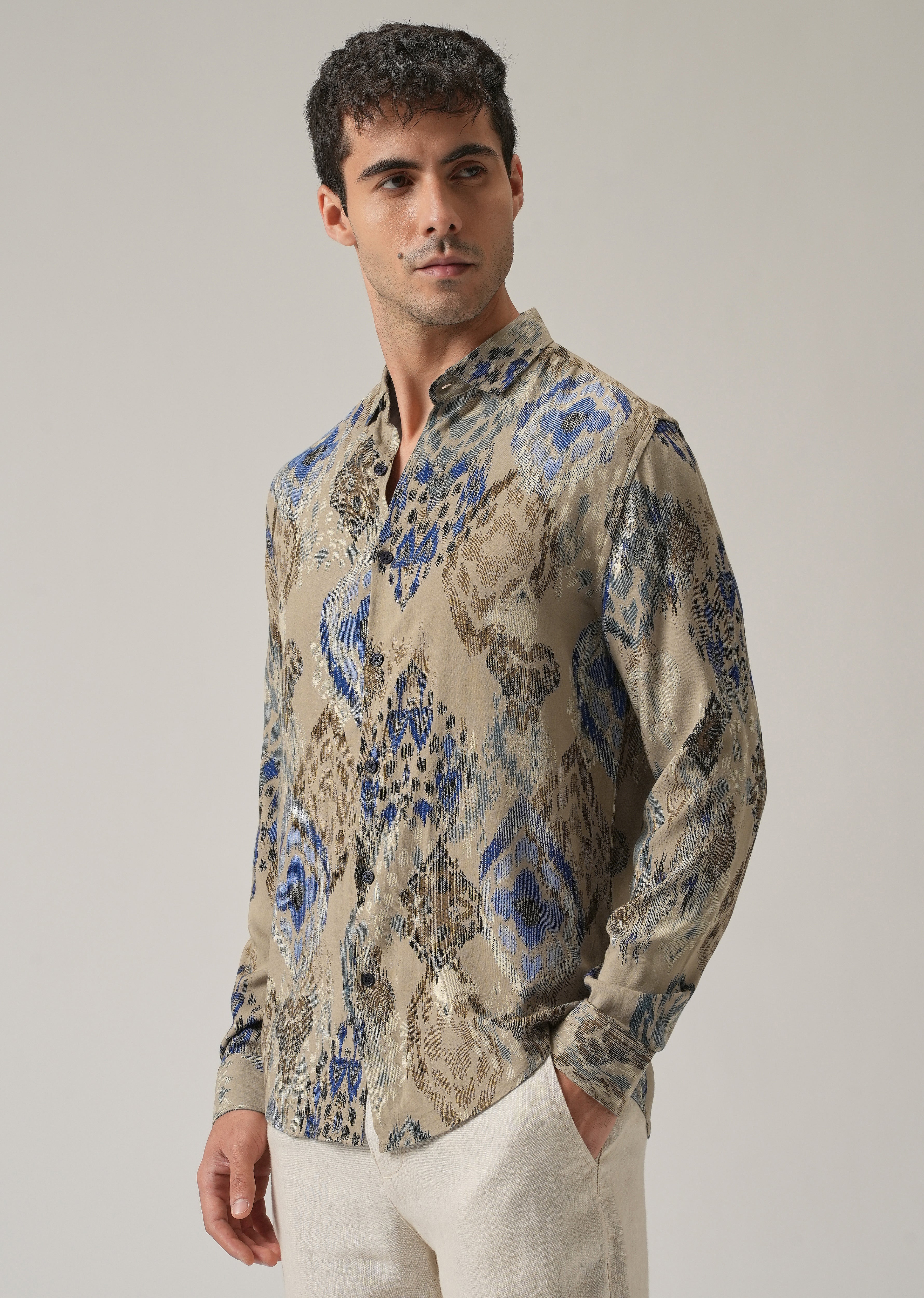 Tan Ikat Motif Print Feather Shirt