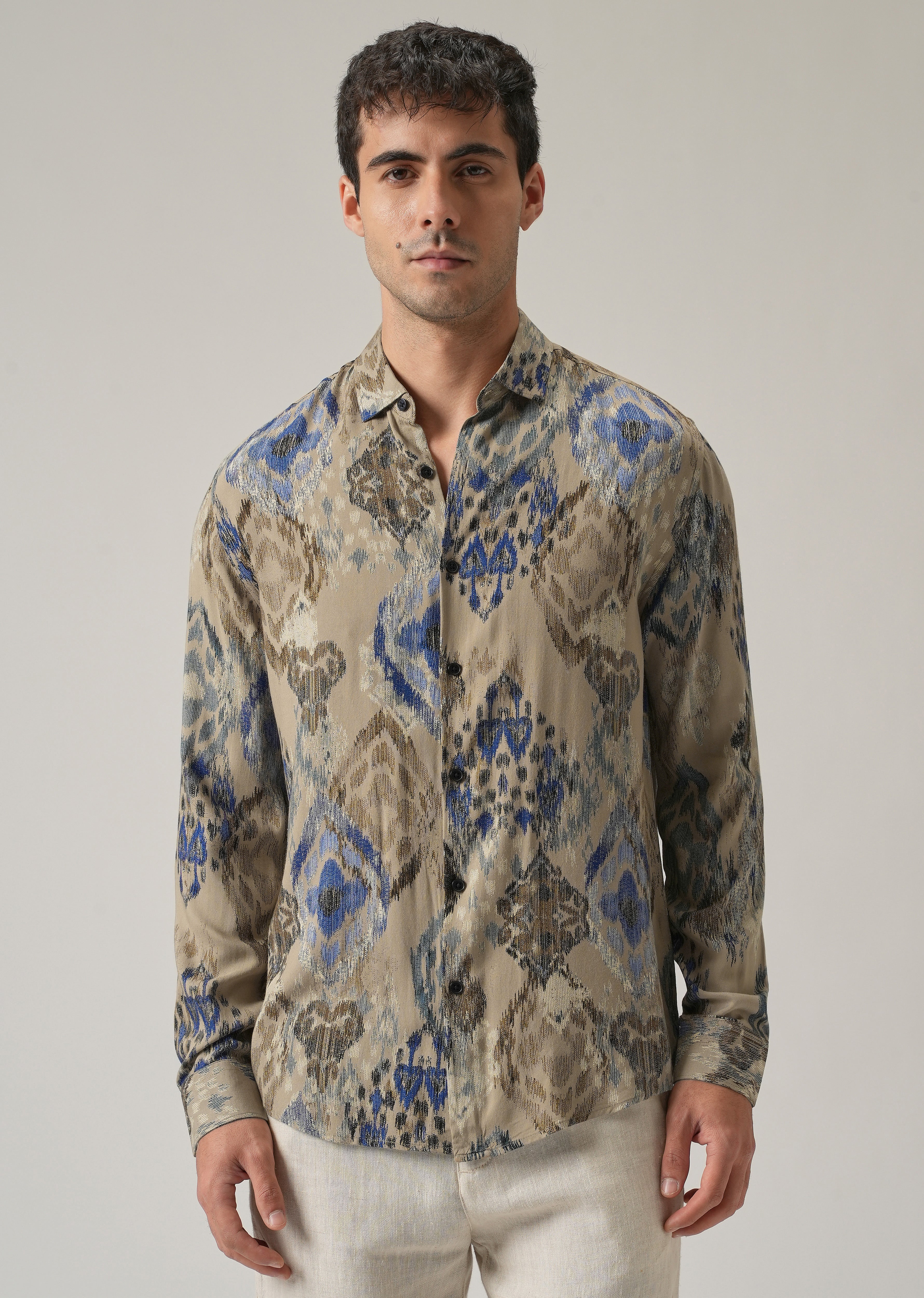 Tan Ikat Motif Print Feather Shirt