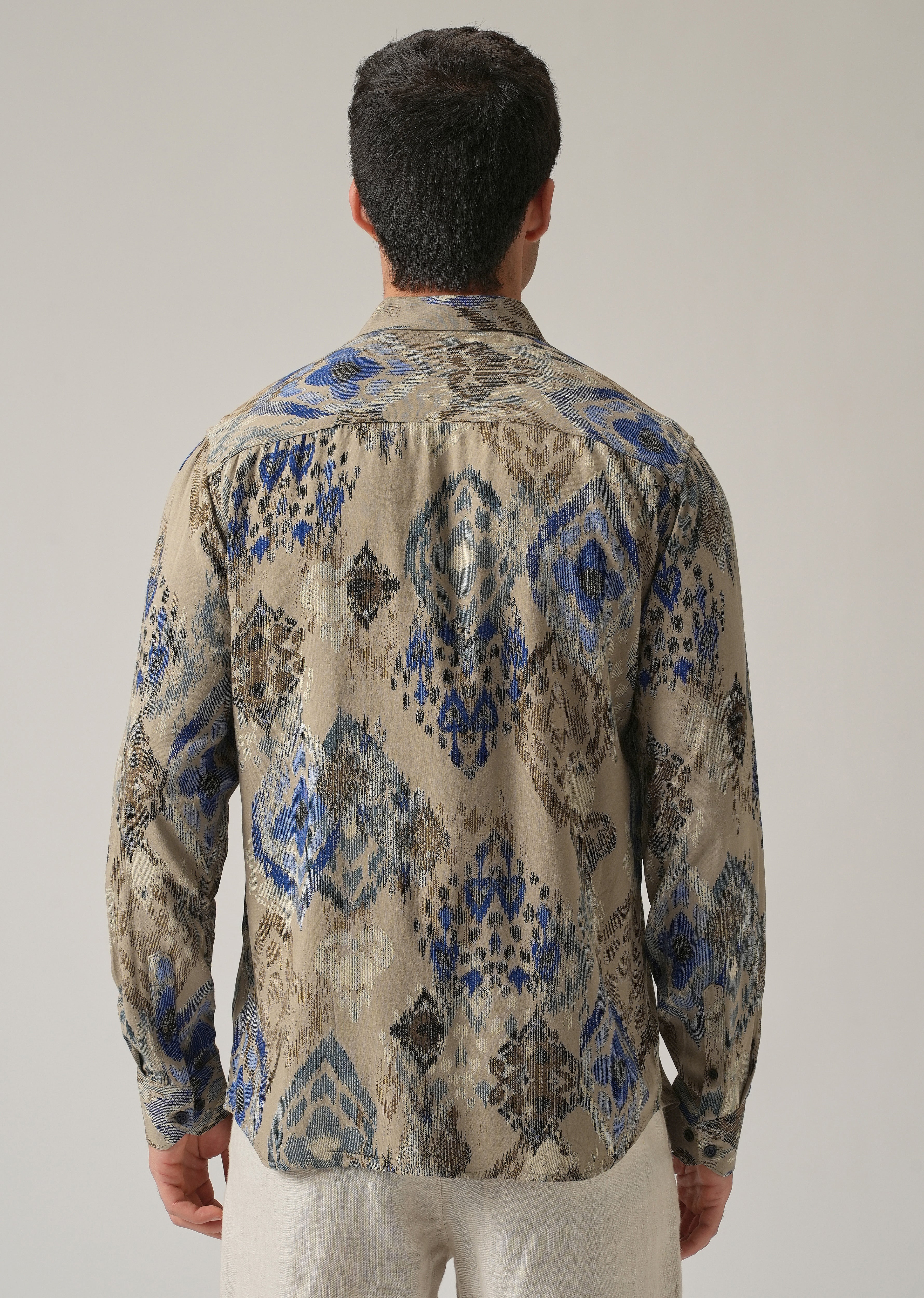 Tan Ikat Motif Print Feather Shirt