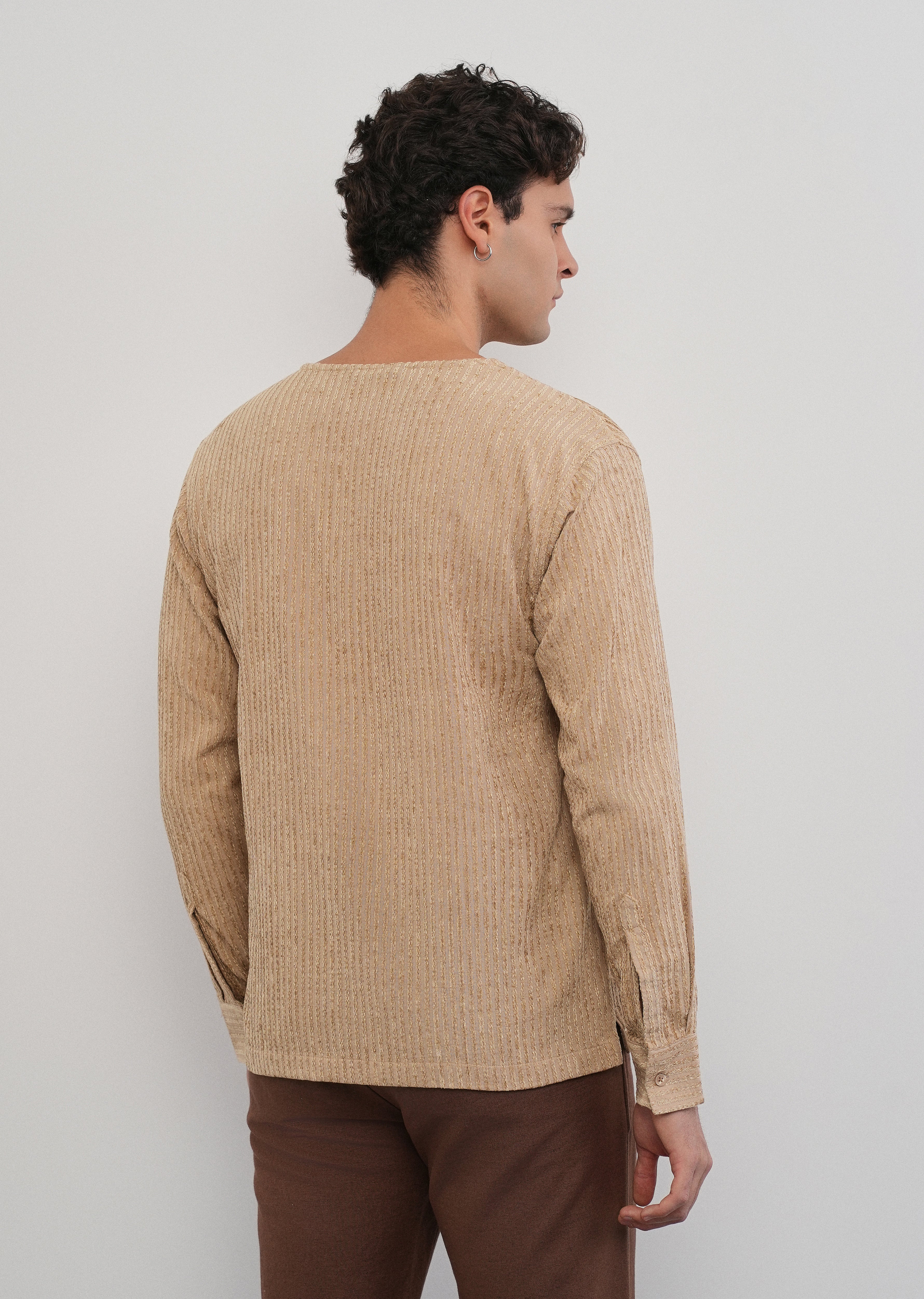 Tan Jacquard Stripe Short Kurta