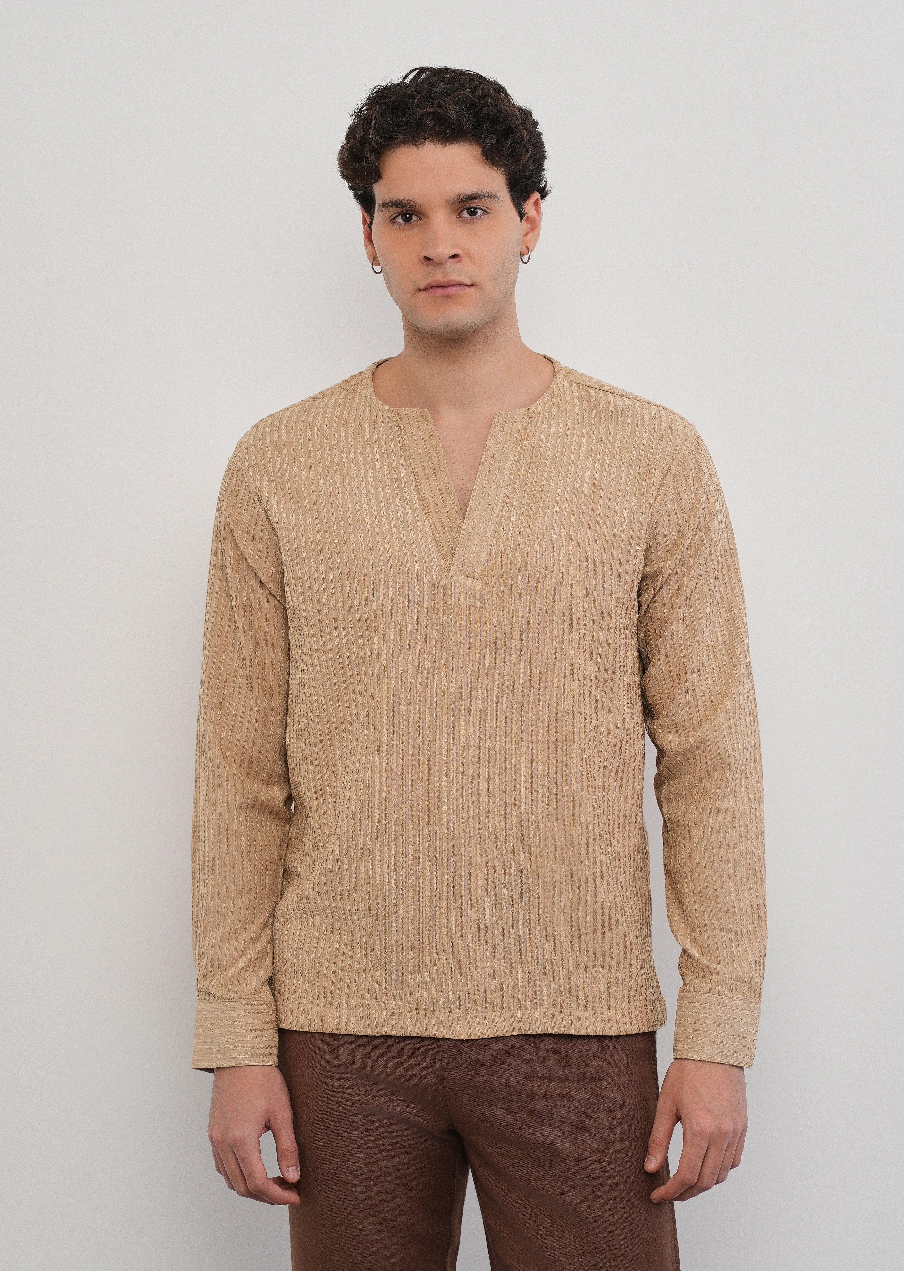 Tan Jacquard Stripe Short Kurta