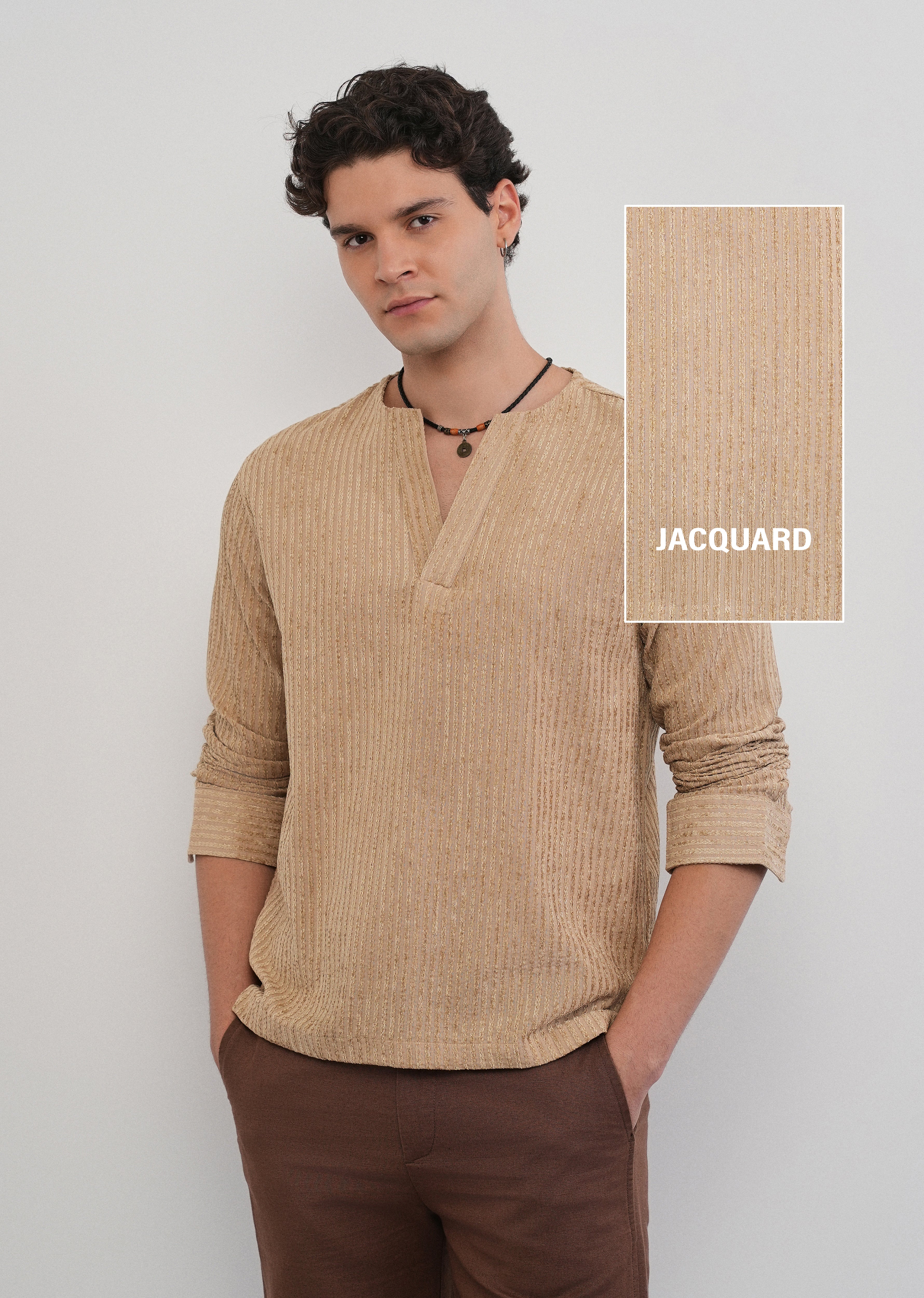Tan Jacquard Stripe Short Kurta