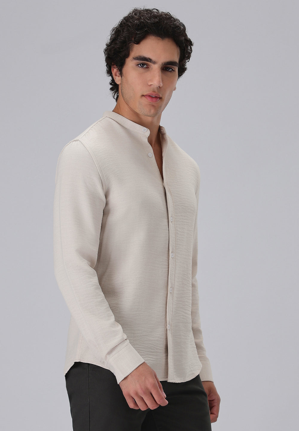 Tan Plain Mandarin Collar Shirt