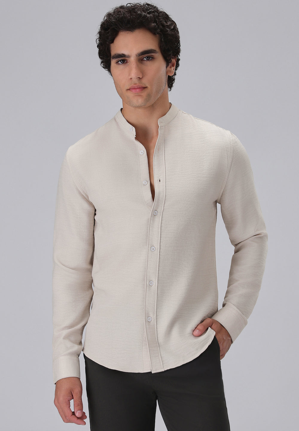 Tan Plain Mandarin Collar Shirt
