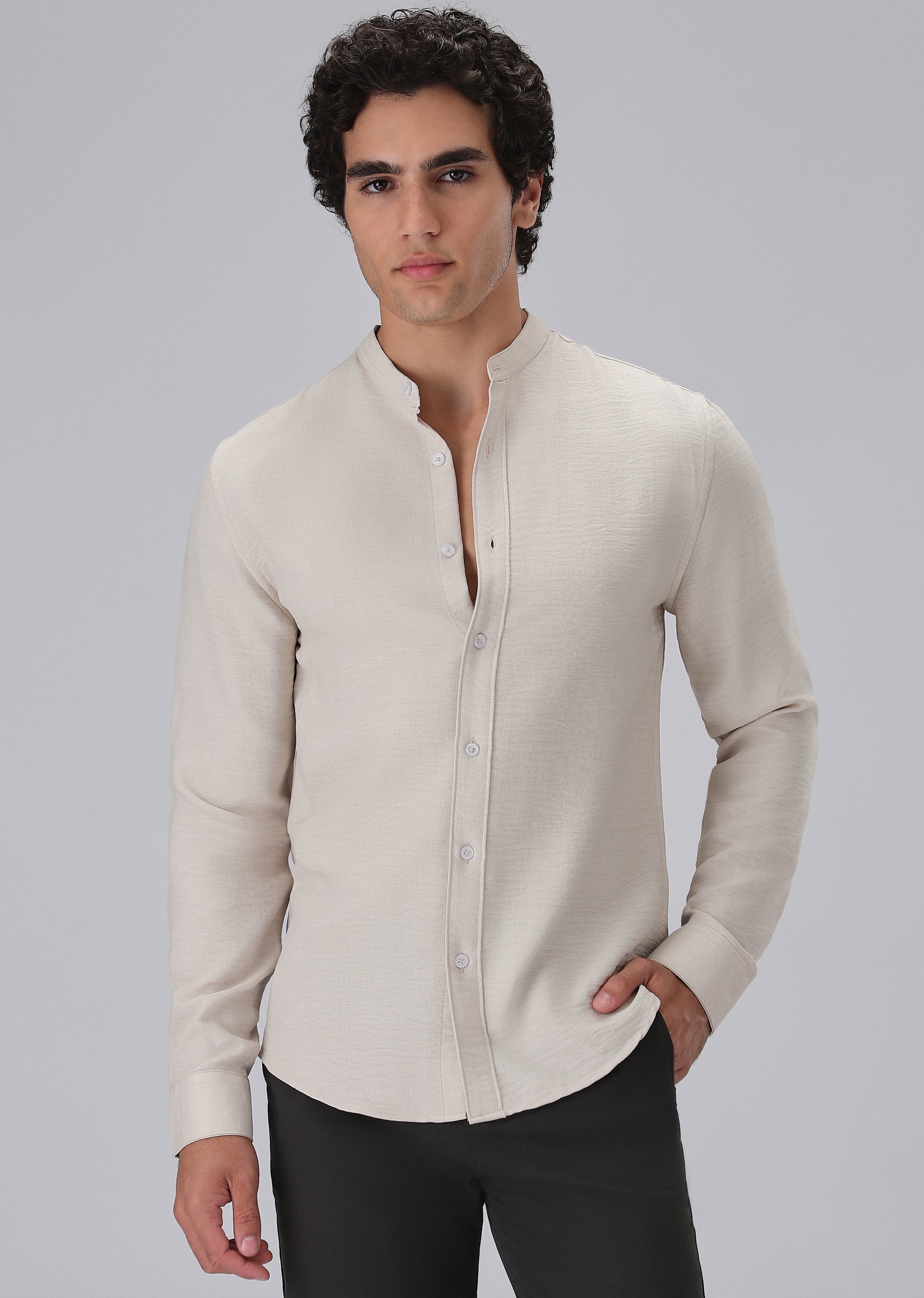 Tan Mandarin Collar Shirt