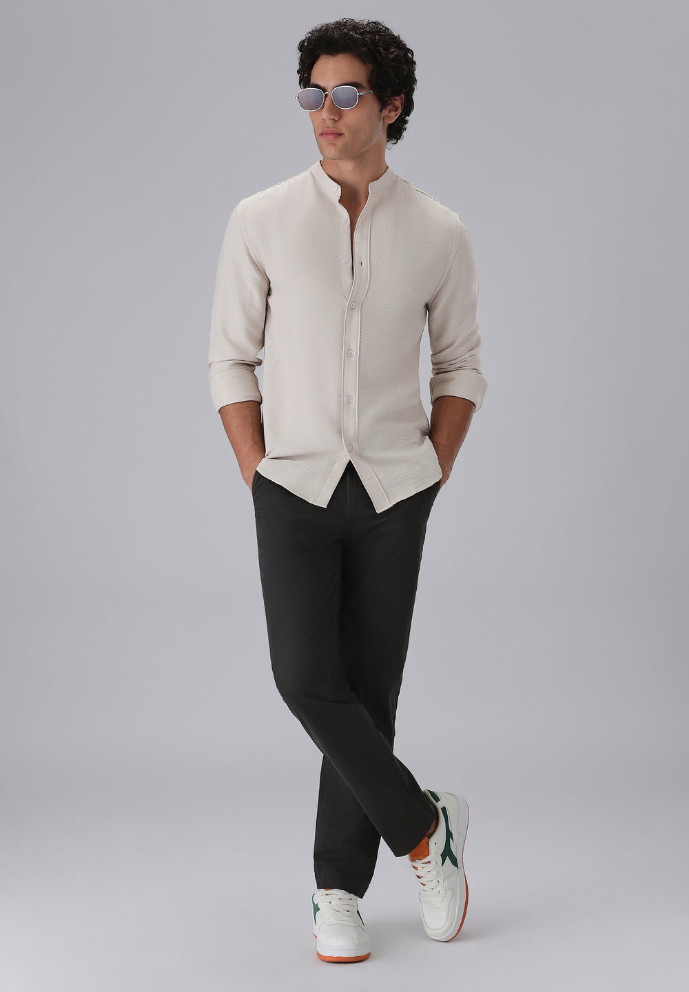 Tan Plain Mandarin Collar Shirt