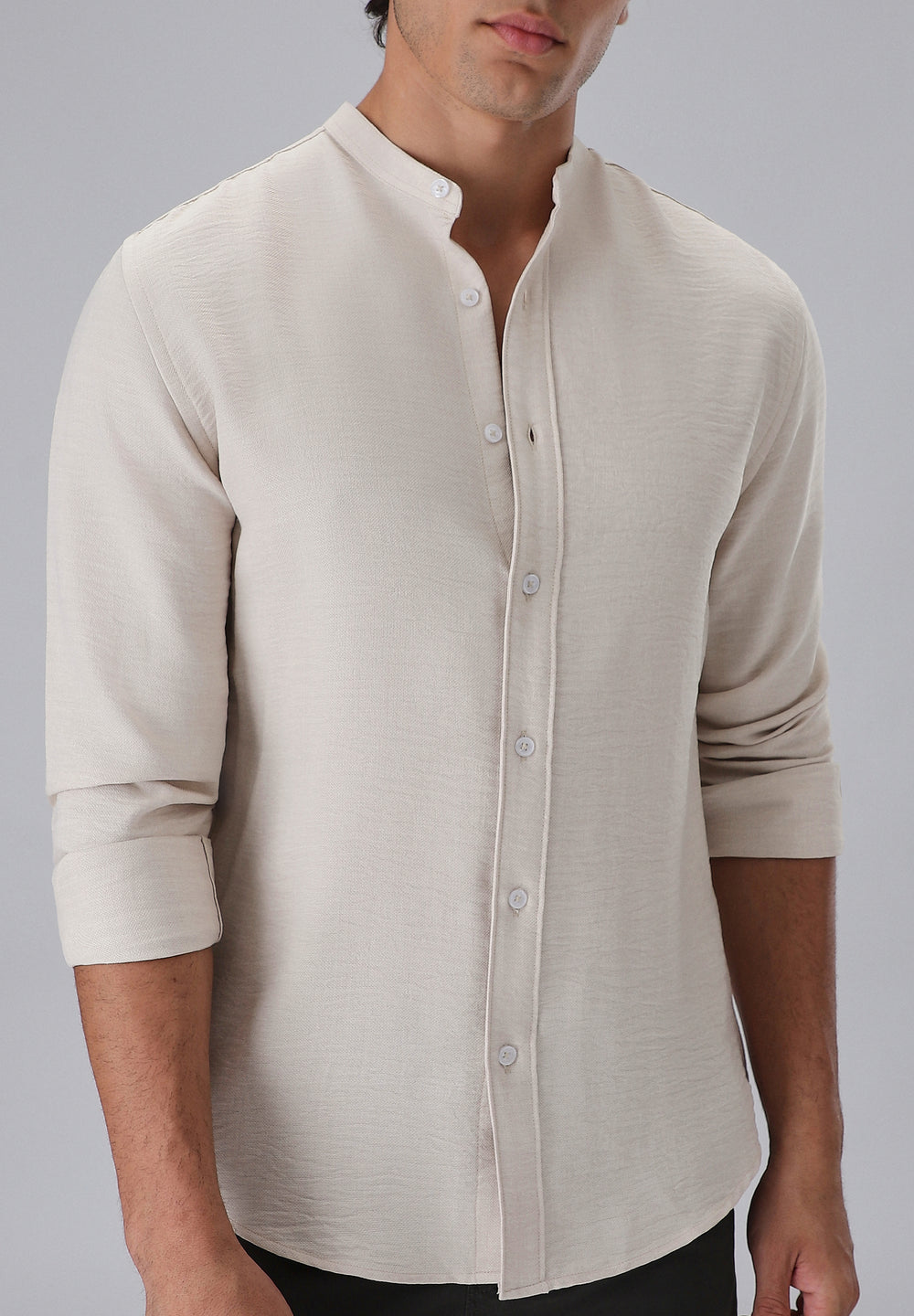 Tan Plain Mandarin Collar Shirt