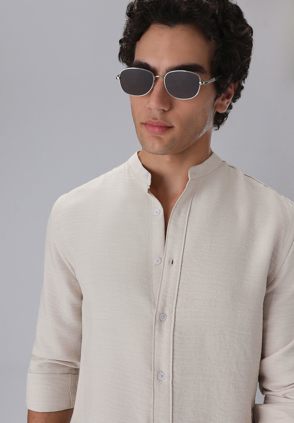 Tan Plain Mandarin Collar Shirt