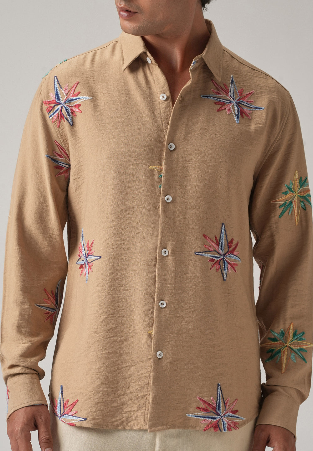 Tan Nautical Star Embroidery Shirt