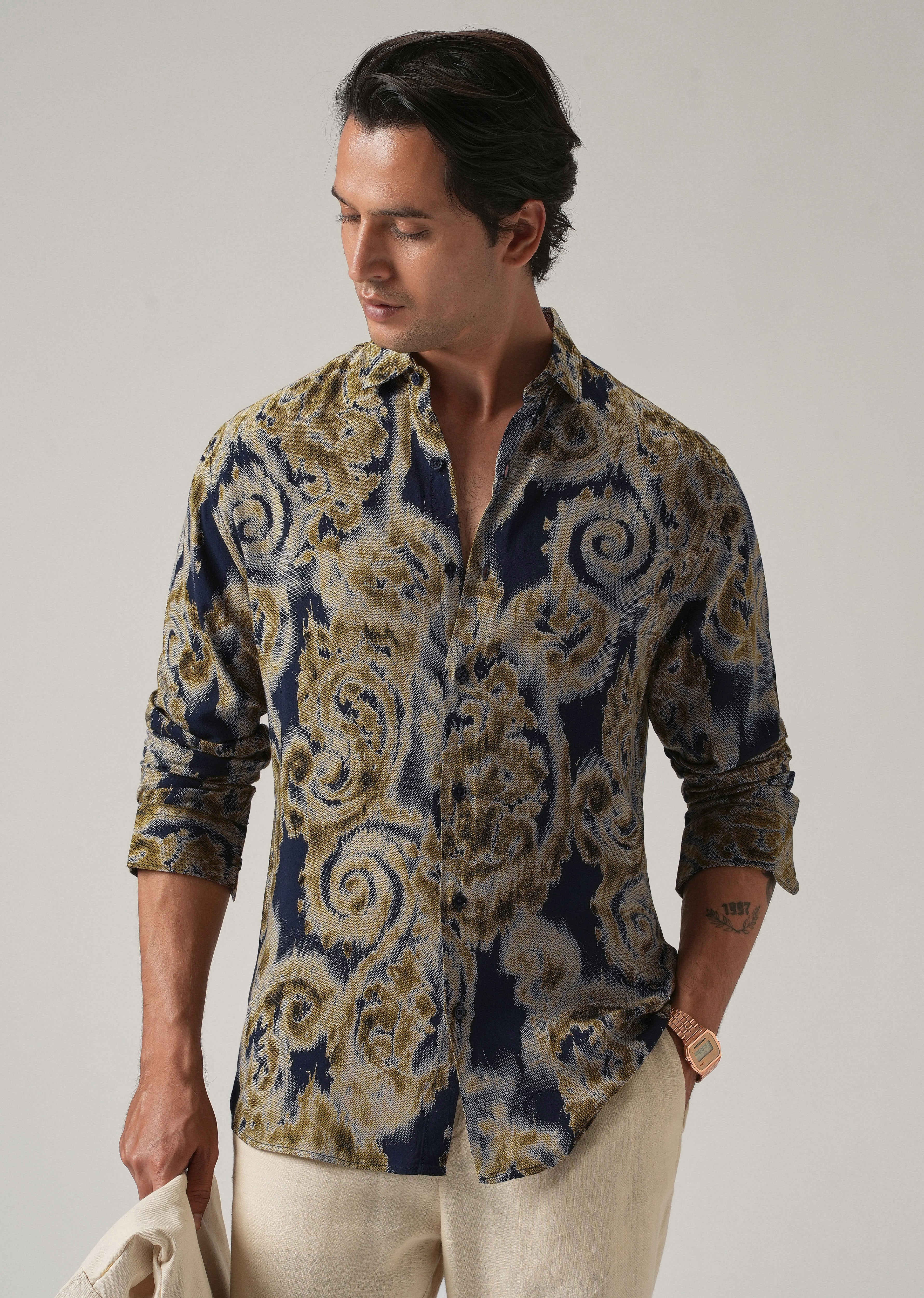 Tan Olive Distort Paisley Print Feather Shirt