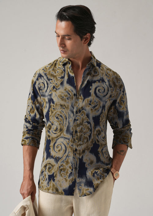 Tan Olive Distort Paisley Print Feather Shirt