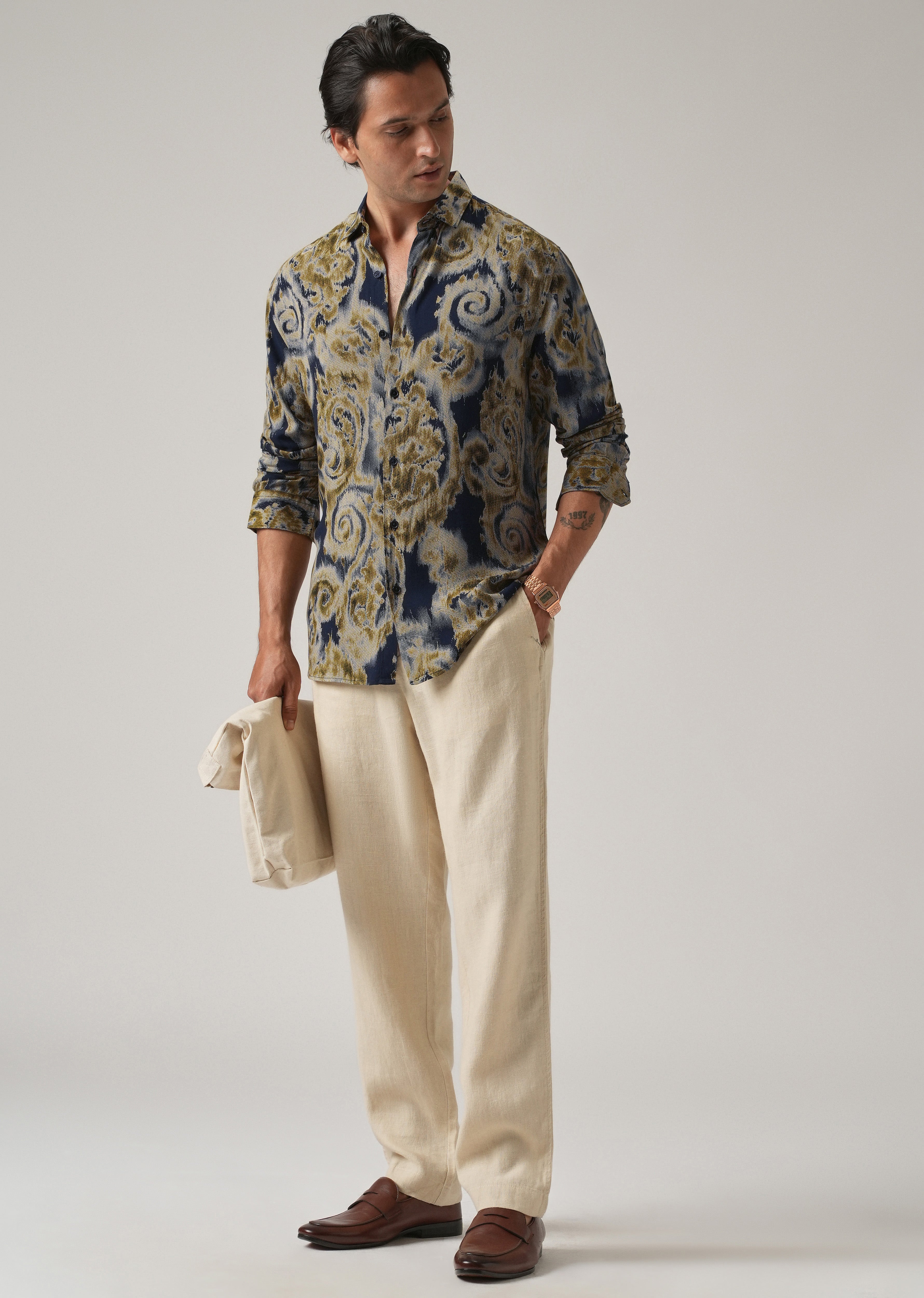 Tan Olive Distort Paisley Print Feather Shirt