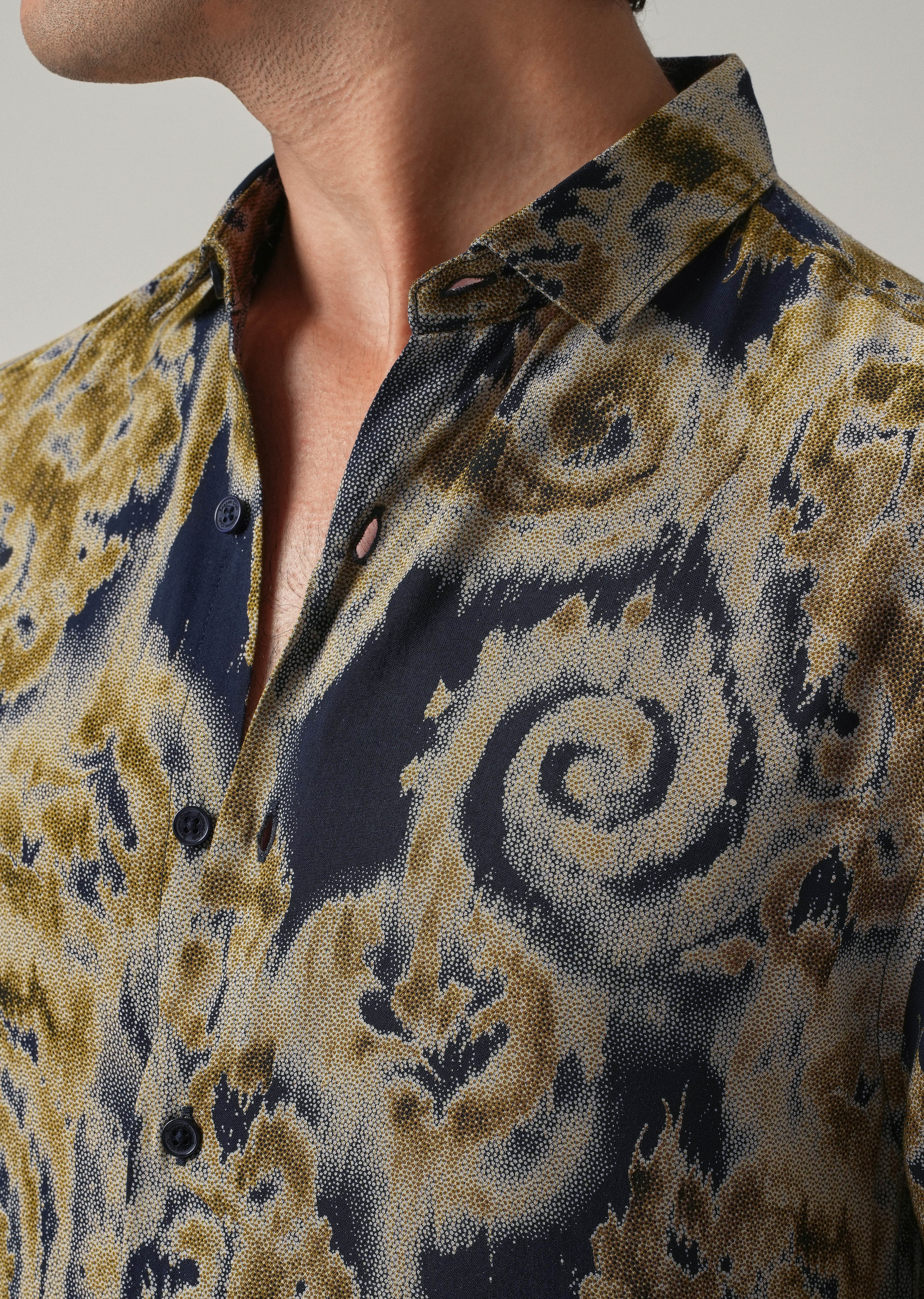 Tan Olive Distort Paisley Print Feather Shirt